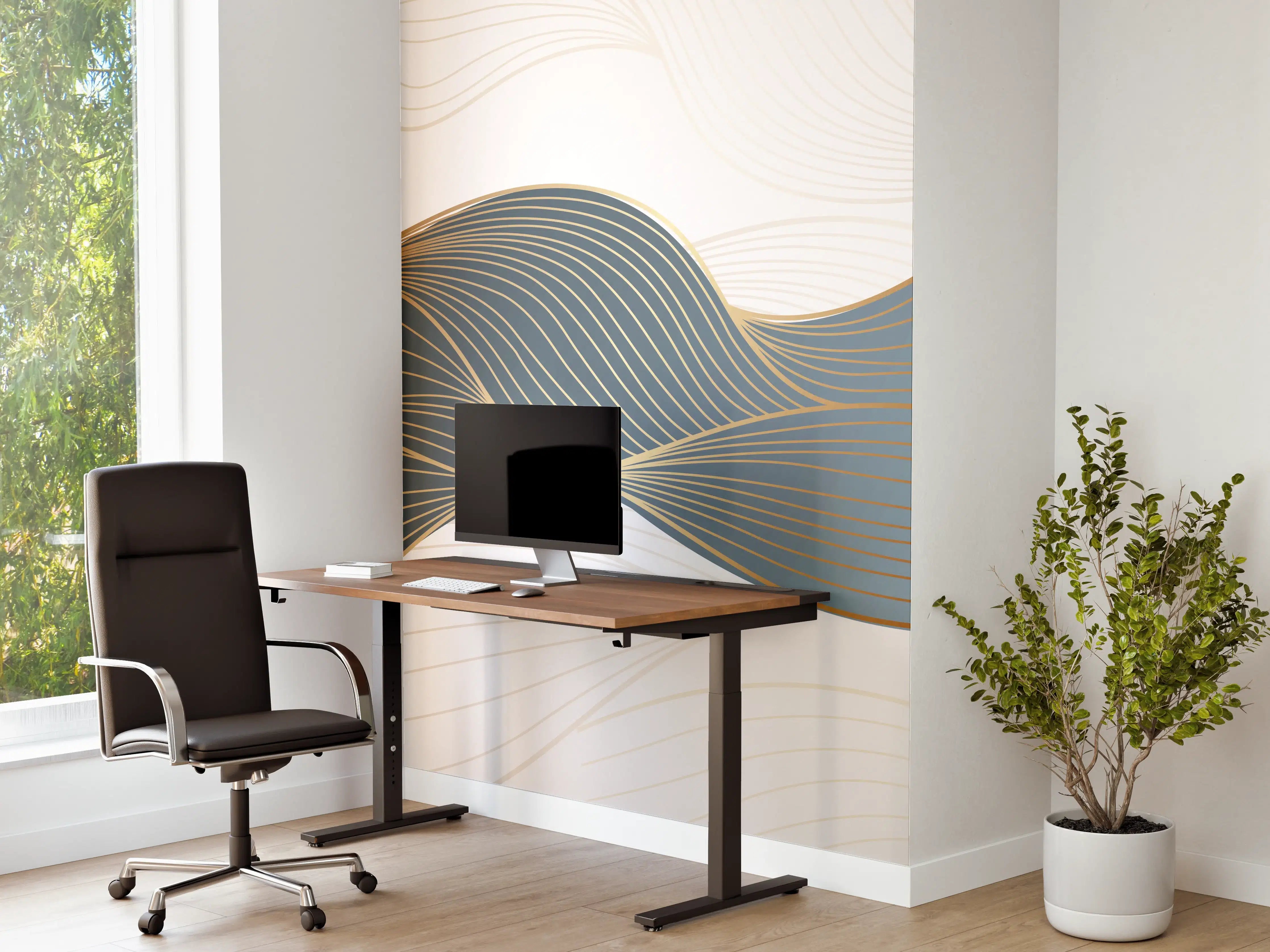 Büro Wandgestaltung - Abstrakte Wellenlinien Gold Blau