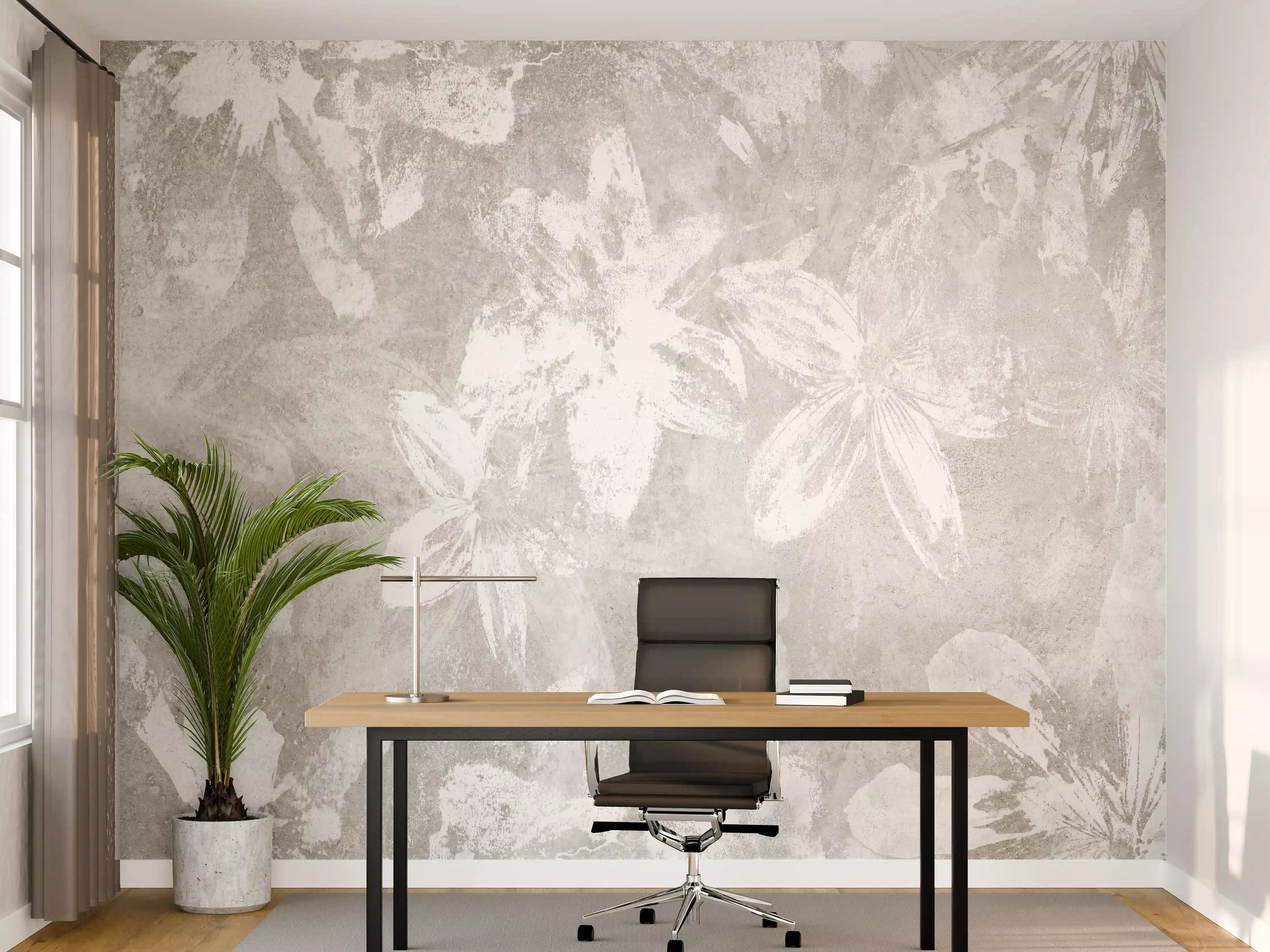 Büro Wandgestaltung - Abstrakte weiße Blumen auf Beton