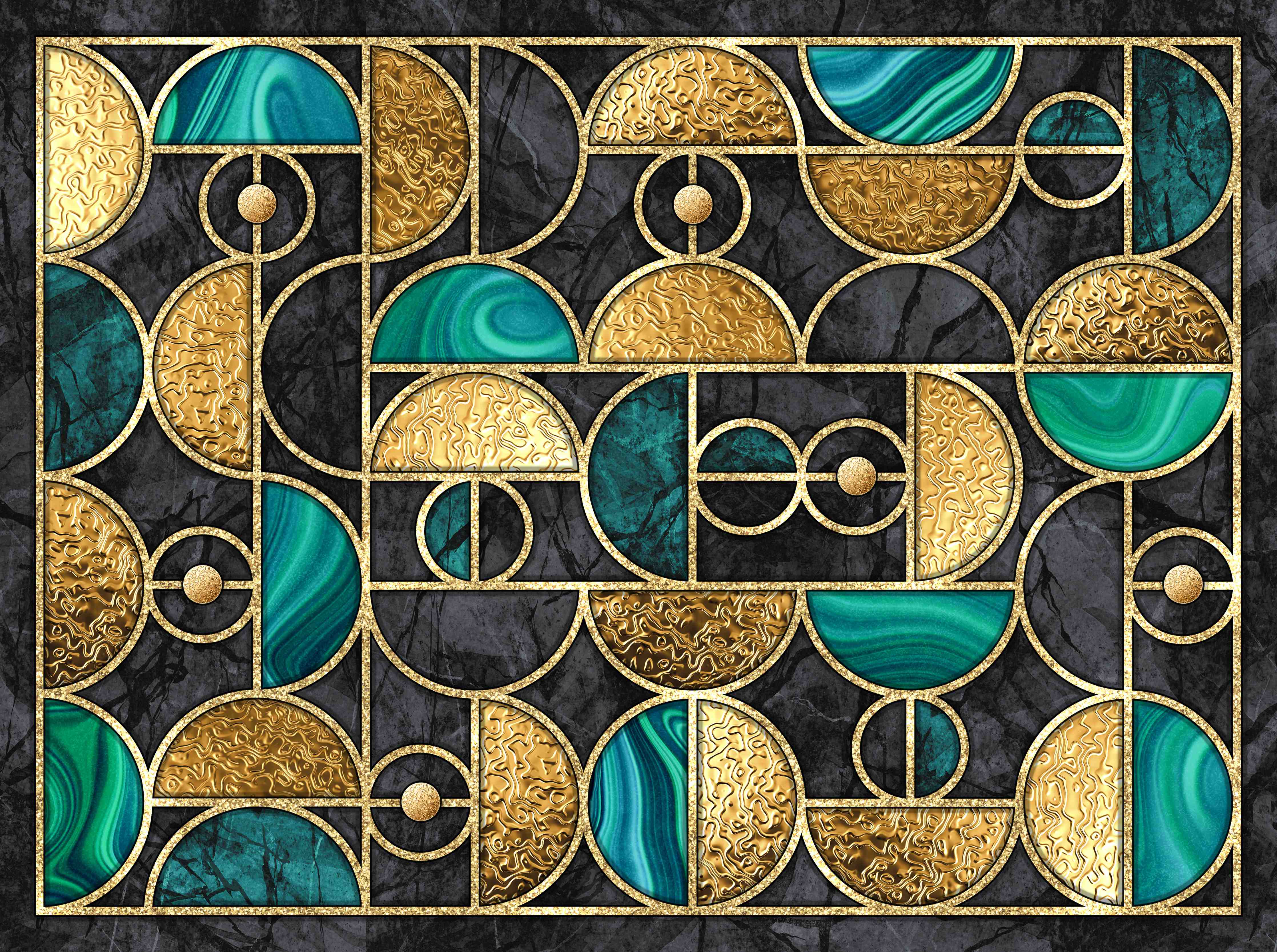 Büro Wandgestaltung-Abstrakter Gold-Schwarz-Grün Mosaik