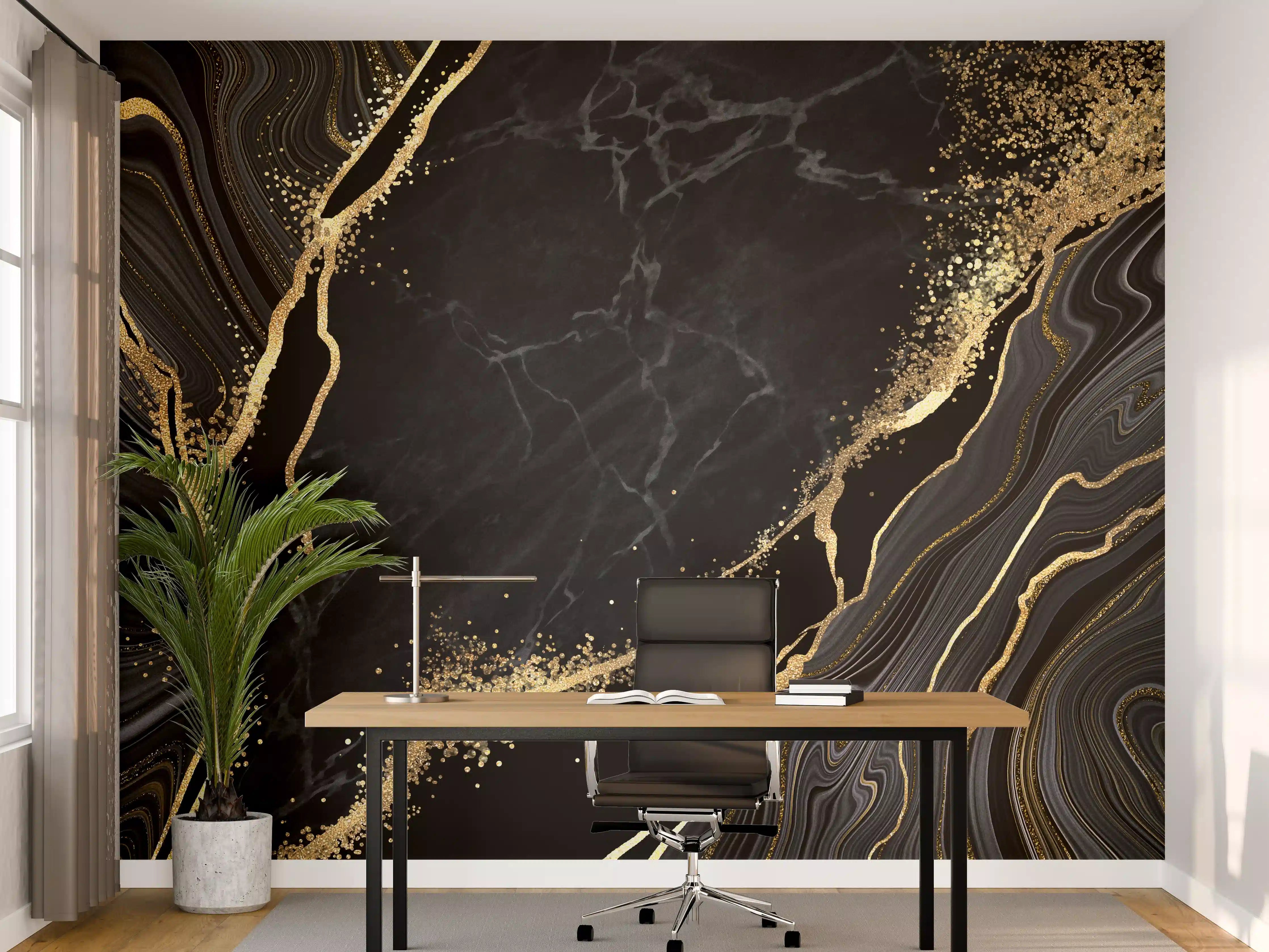 Büro Wandgestaltung - Abstrakter schwarzer Marmor mit goldenen Adern