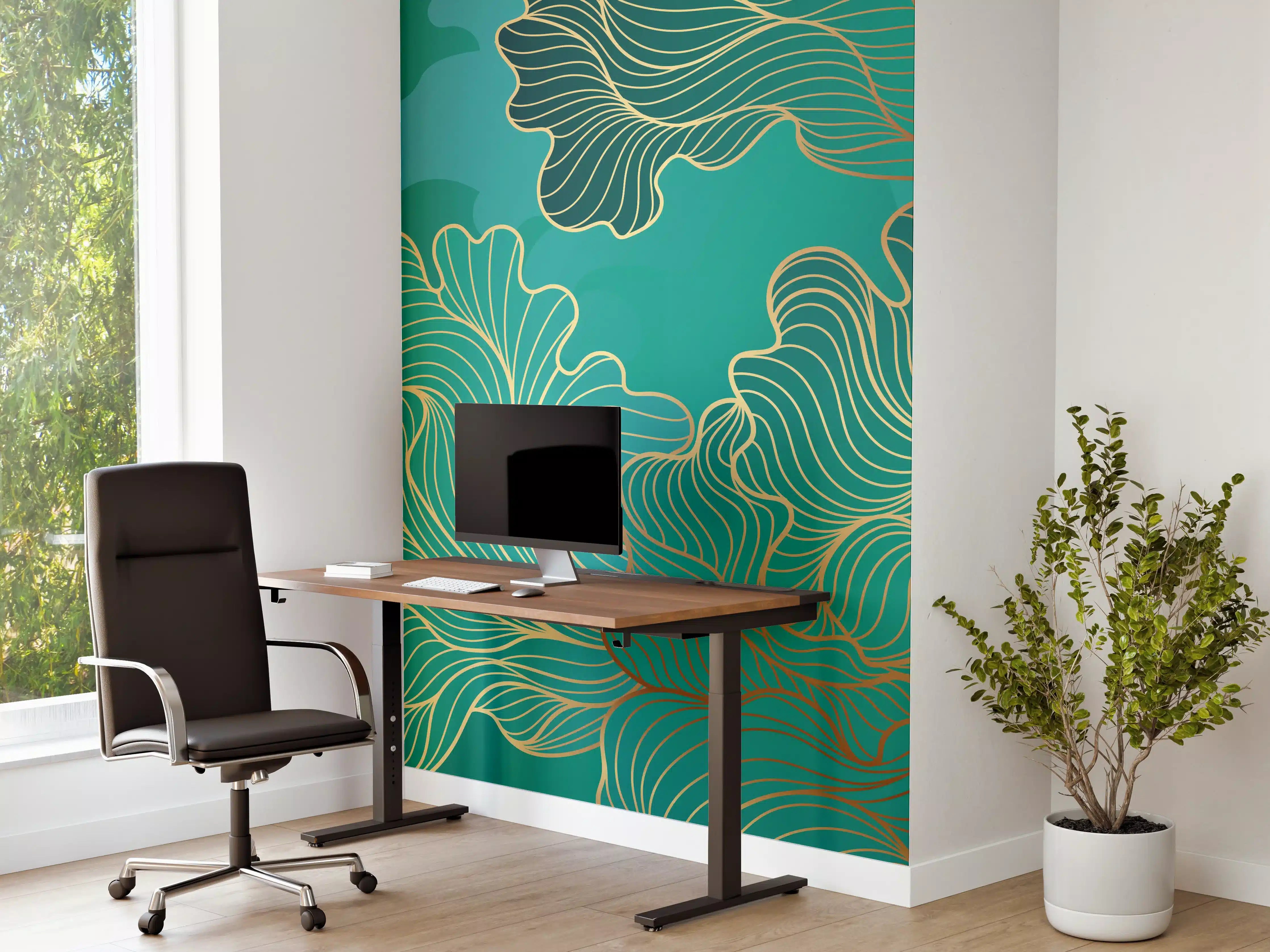 Büro Wandgestaltung - Abstraktes Grüntöne-Gold-Lineart