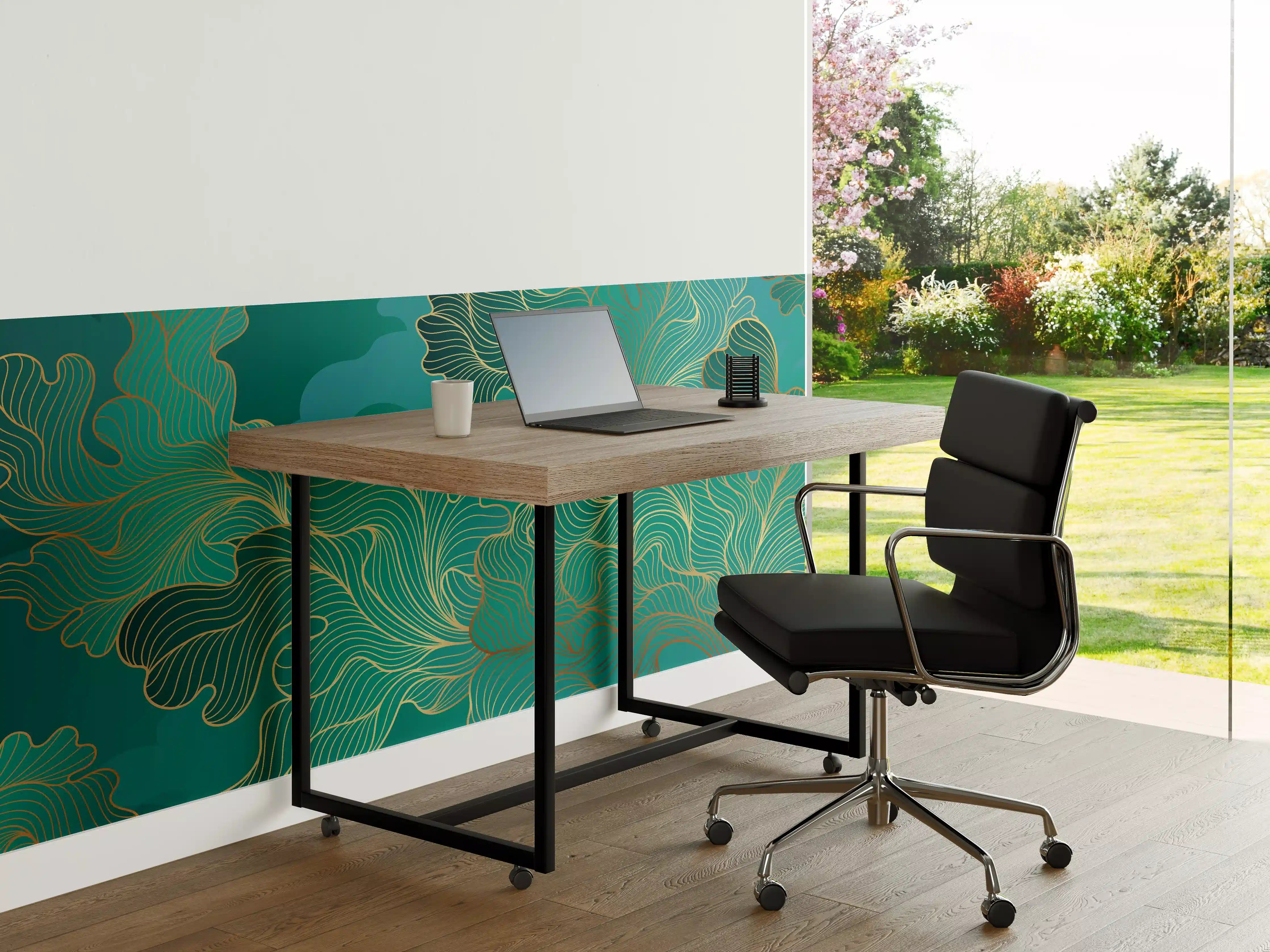 Büro Wandgestaltung - Abstraktes Grüntöne-Gold-Lineart
