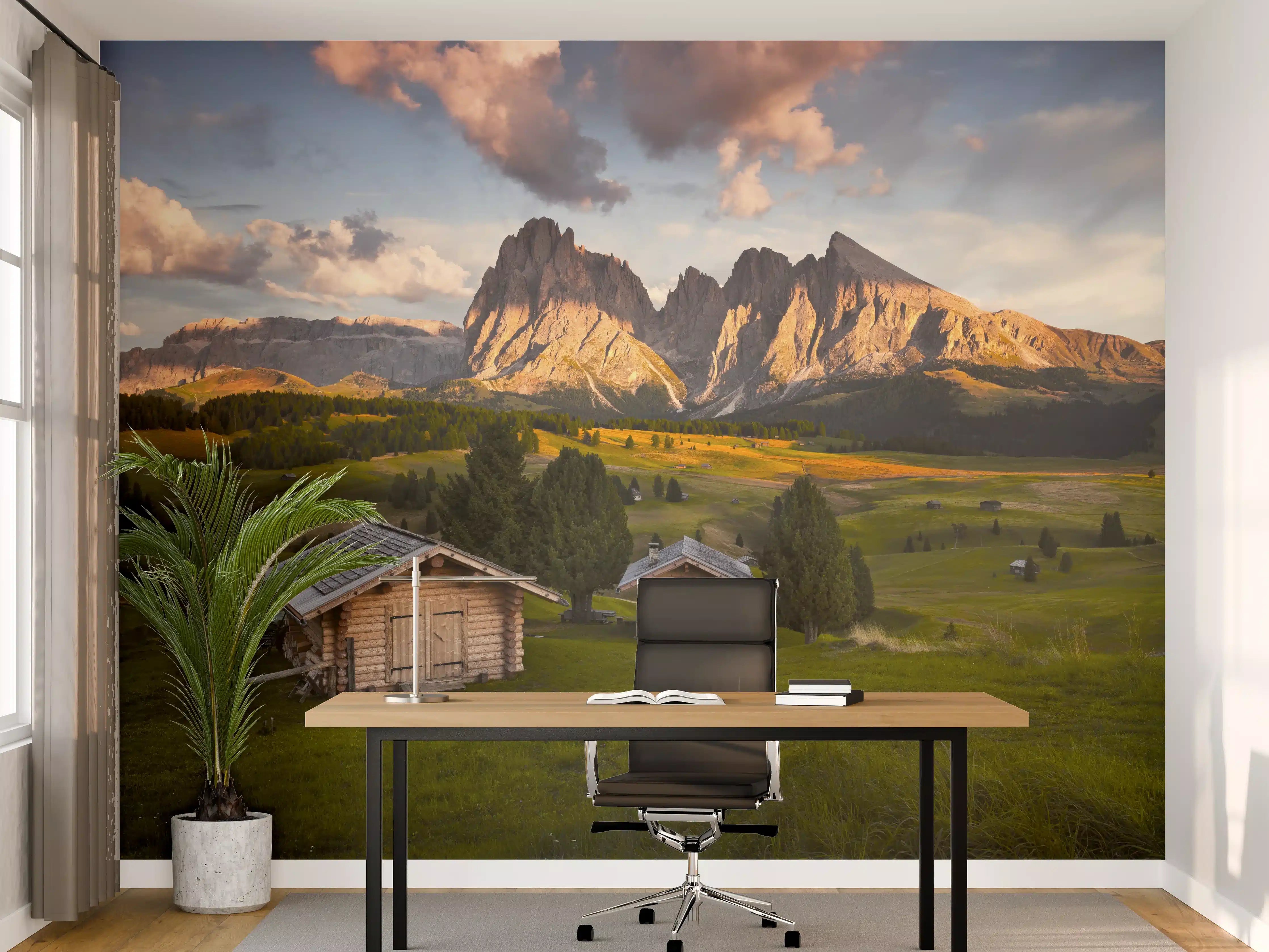 Büro Wandgestaltung - Alpenhütten Sonnenuntergang Grün