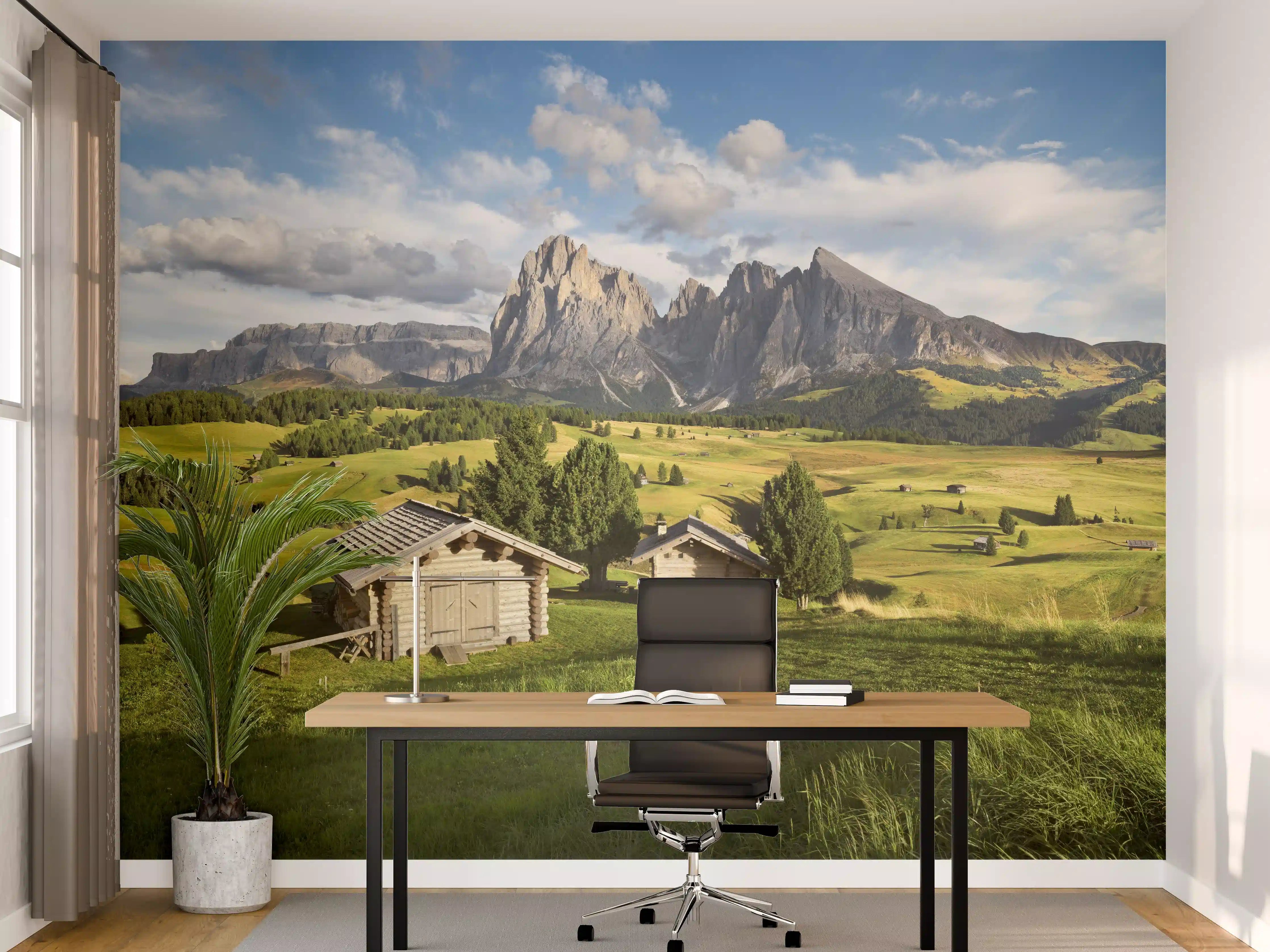 Büro Wandgestaltung - Alpenidylle mit grünen Wiesen