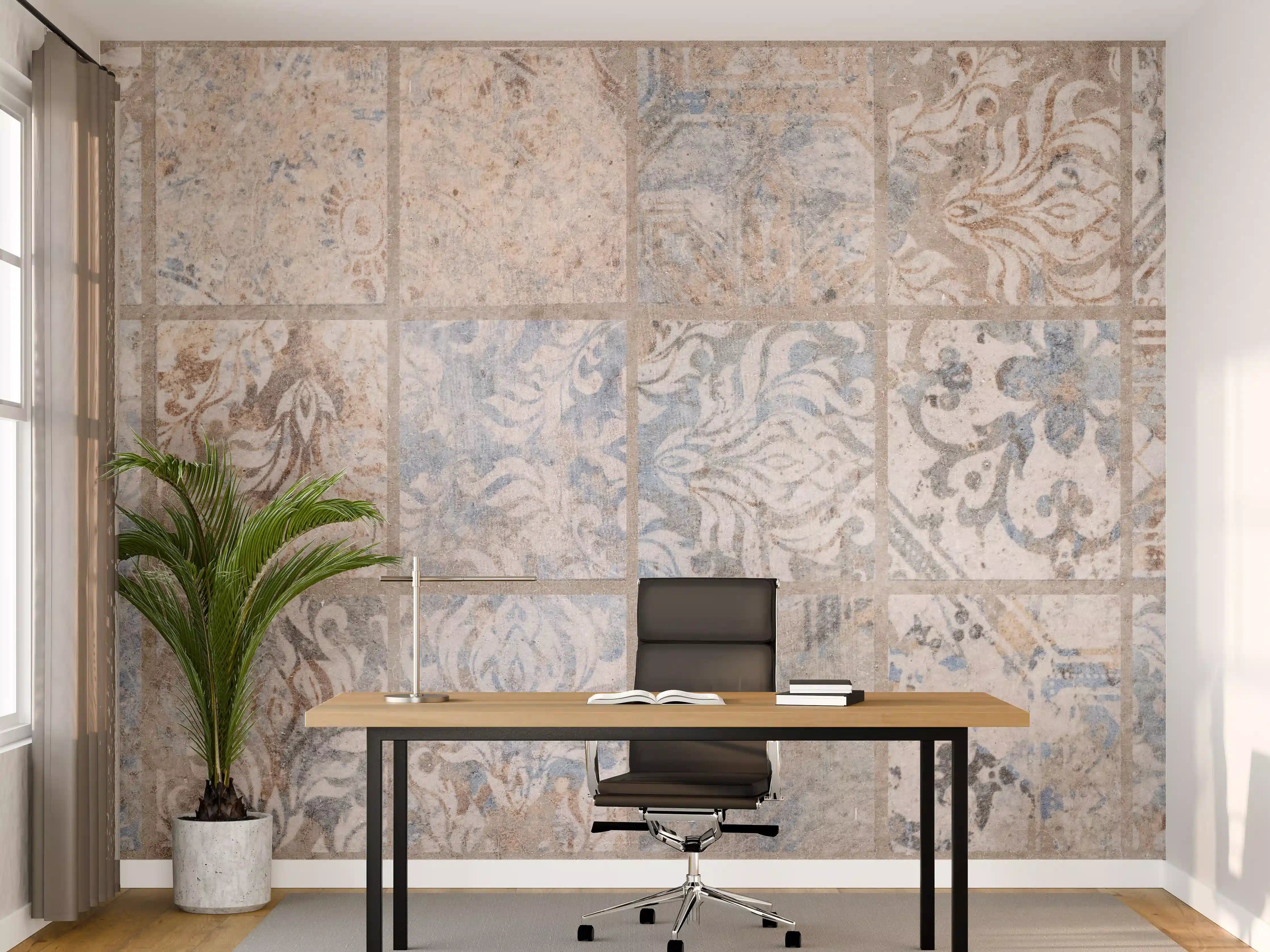 Büro Wandgestaltung - Altes blau-braun Patchwork Motiv