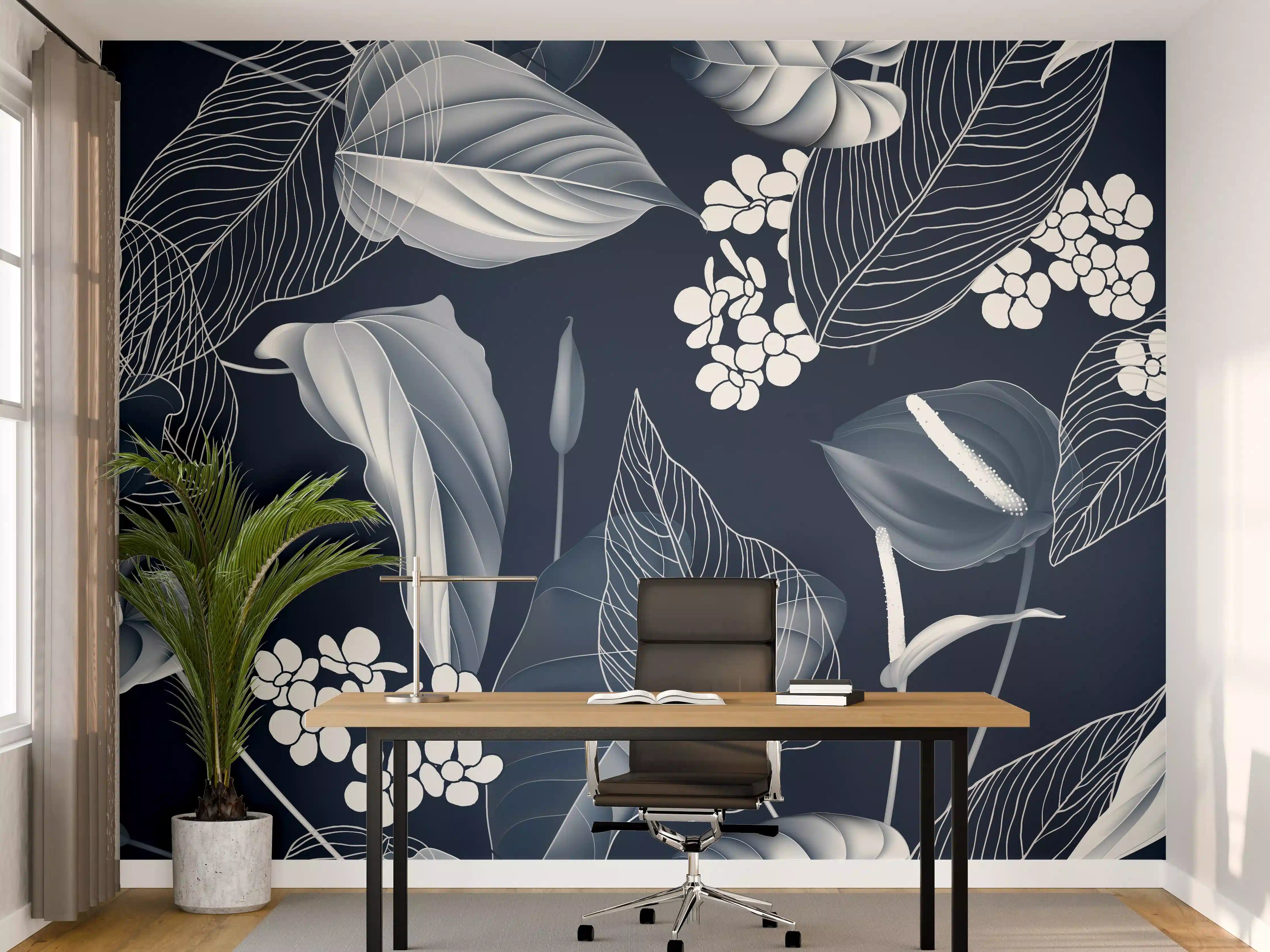 Büro Wandgestaltung - Anthurium Blumen Dunkelblau Muster