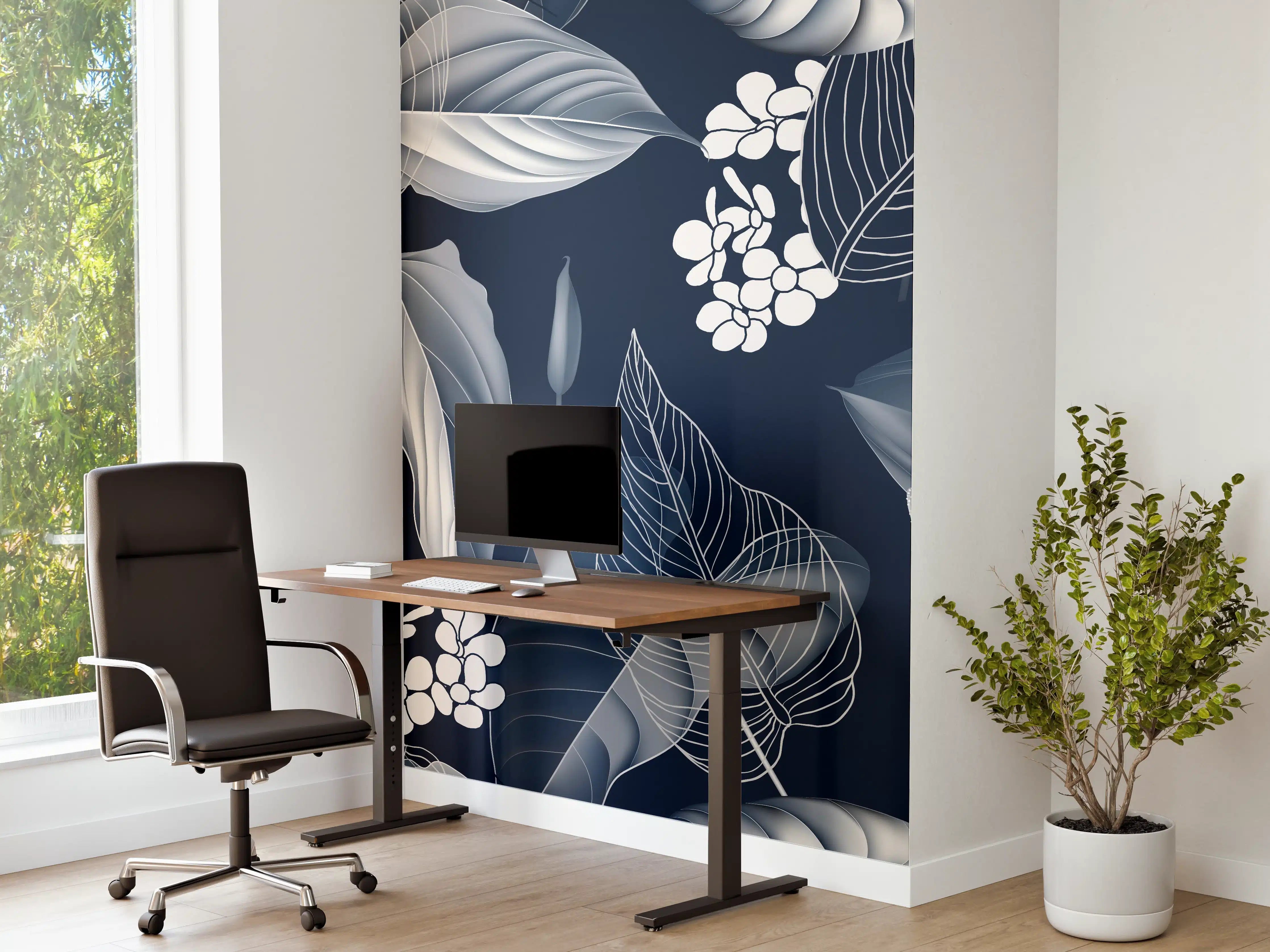 Büro Wandgestaltung - Anthurium Blumen Dunkelblau Muster