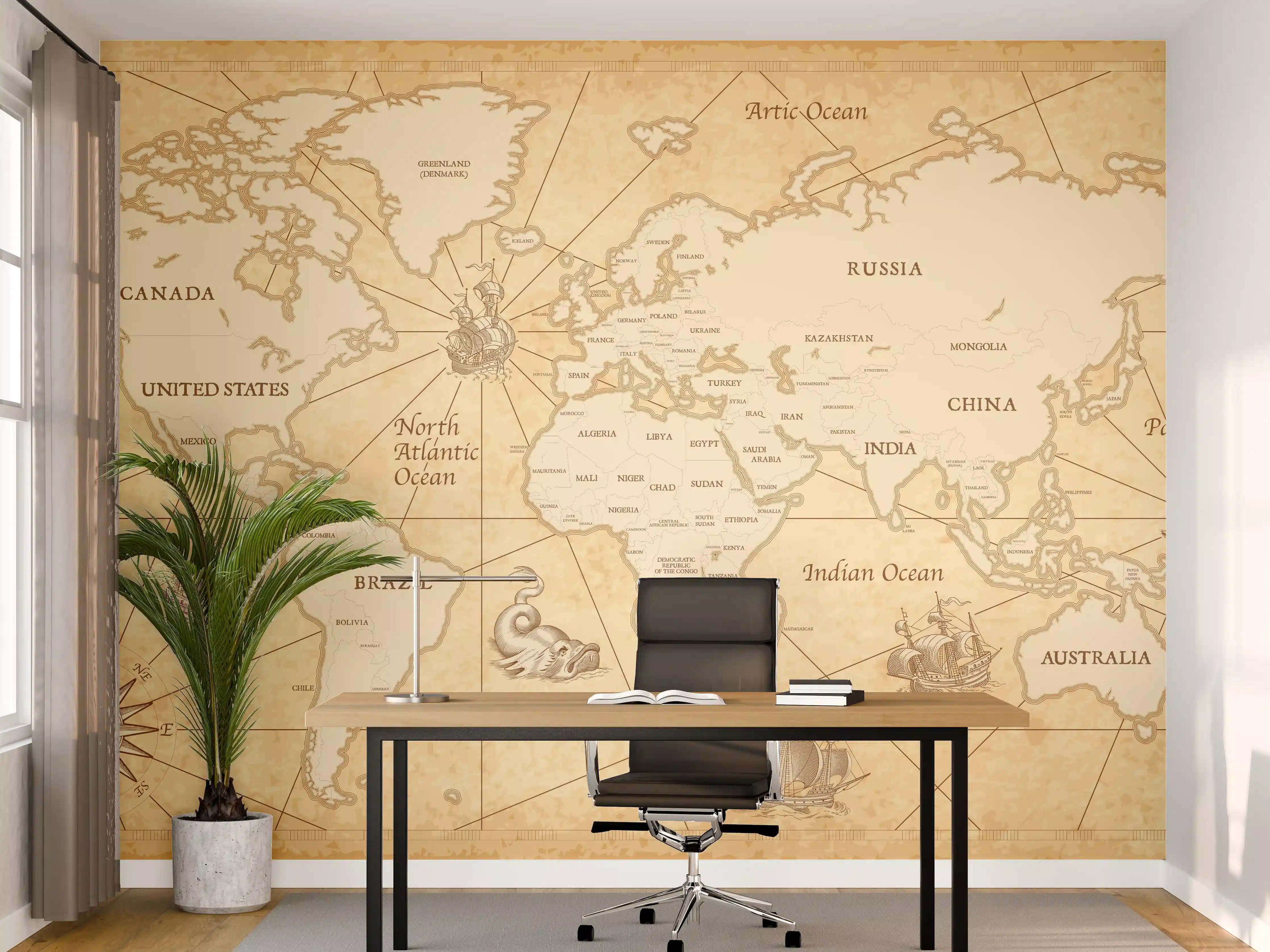 Büro Wandgestaltung - Antike Stil Weltkarte