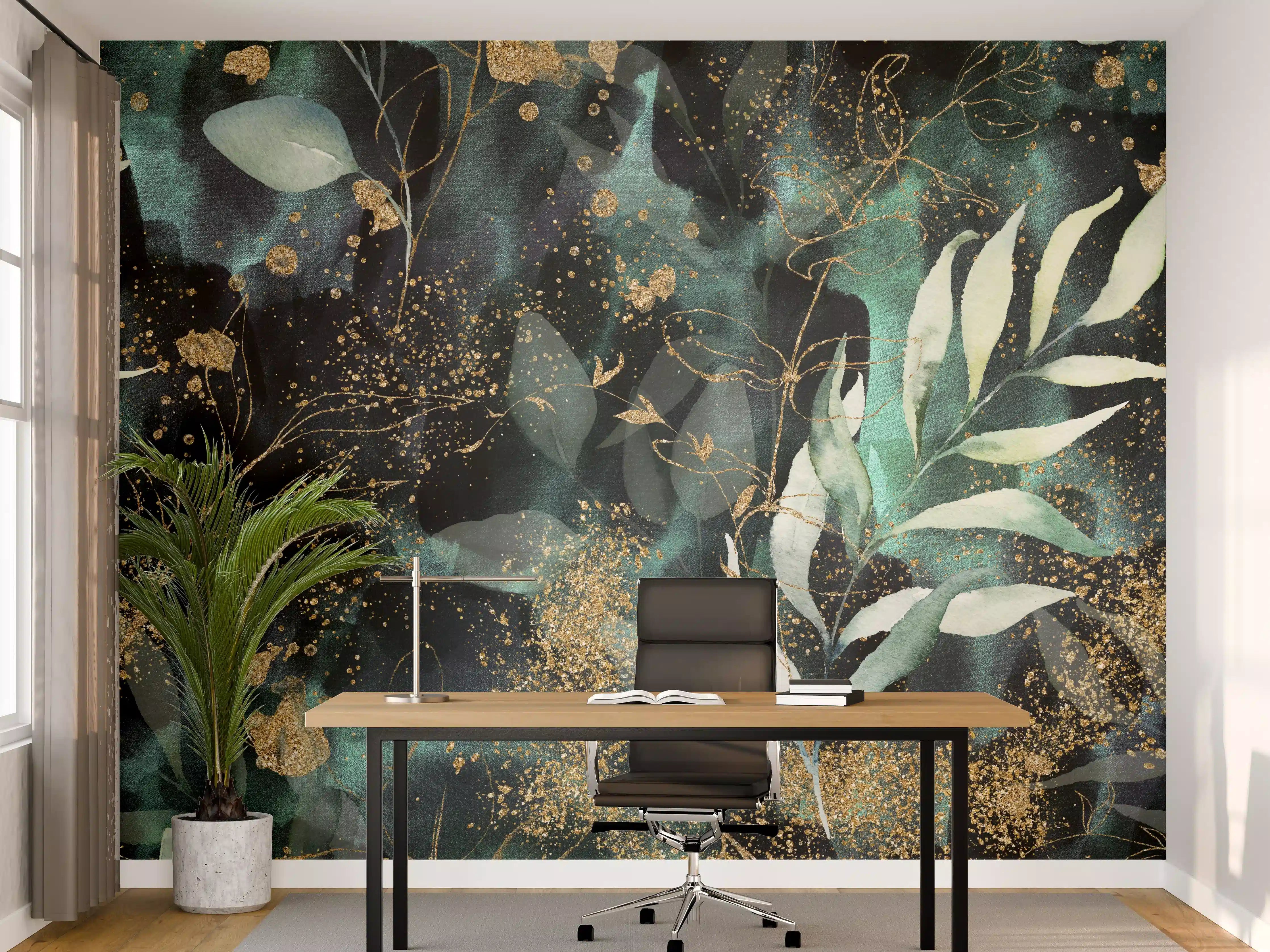 Büro Wandgestaltung - Aquarell - abstrakte Blumen mit gold
