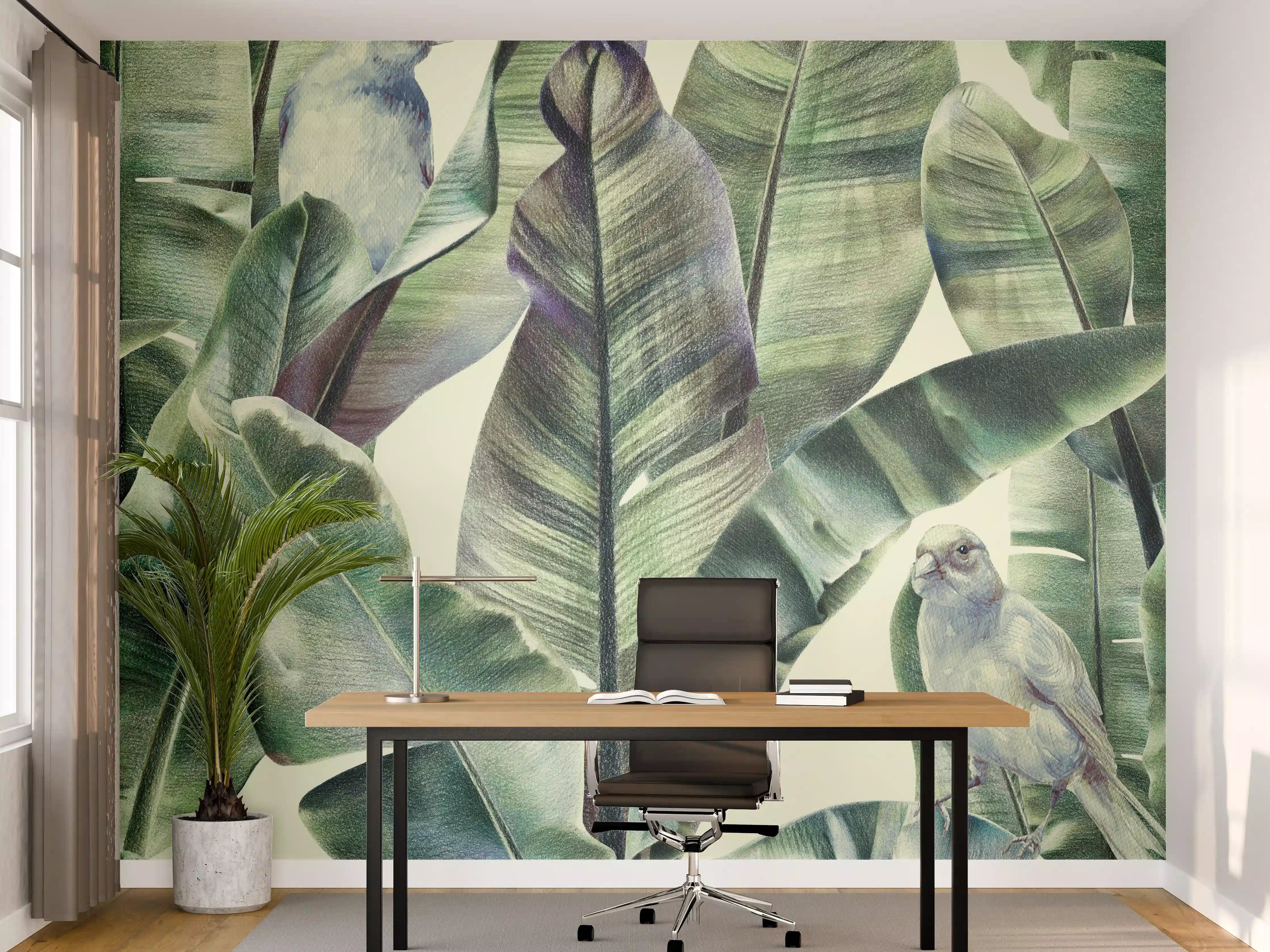Büro Wandgestaltung - Aquarell - exotischen Vögel auf Bananenblättern