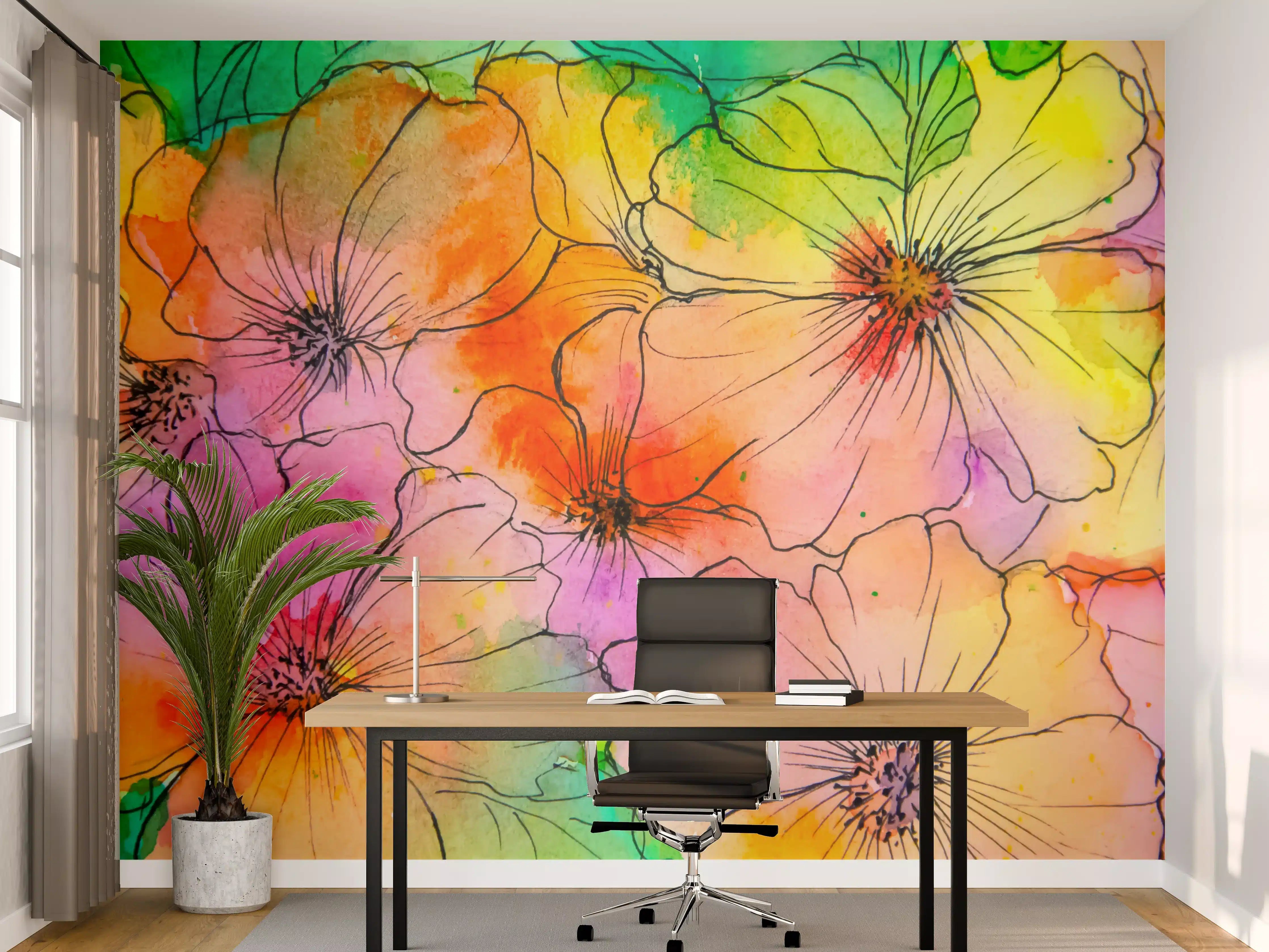Büro Wandgestaltung - Aquarell Blumen Malerei