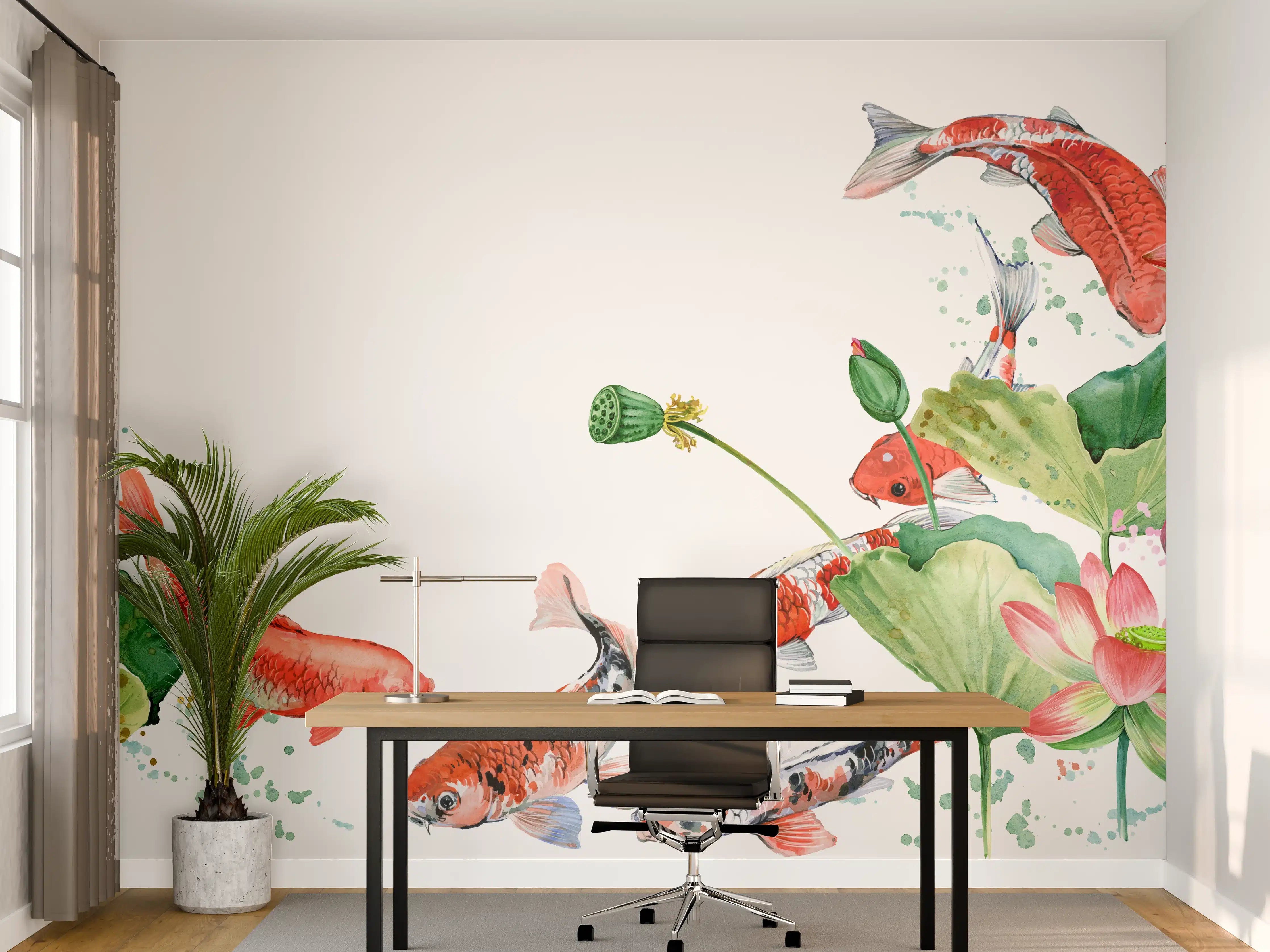 Büro Wandgestaltung - Aquarell Koi Karpfen und Lotusblume