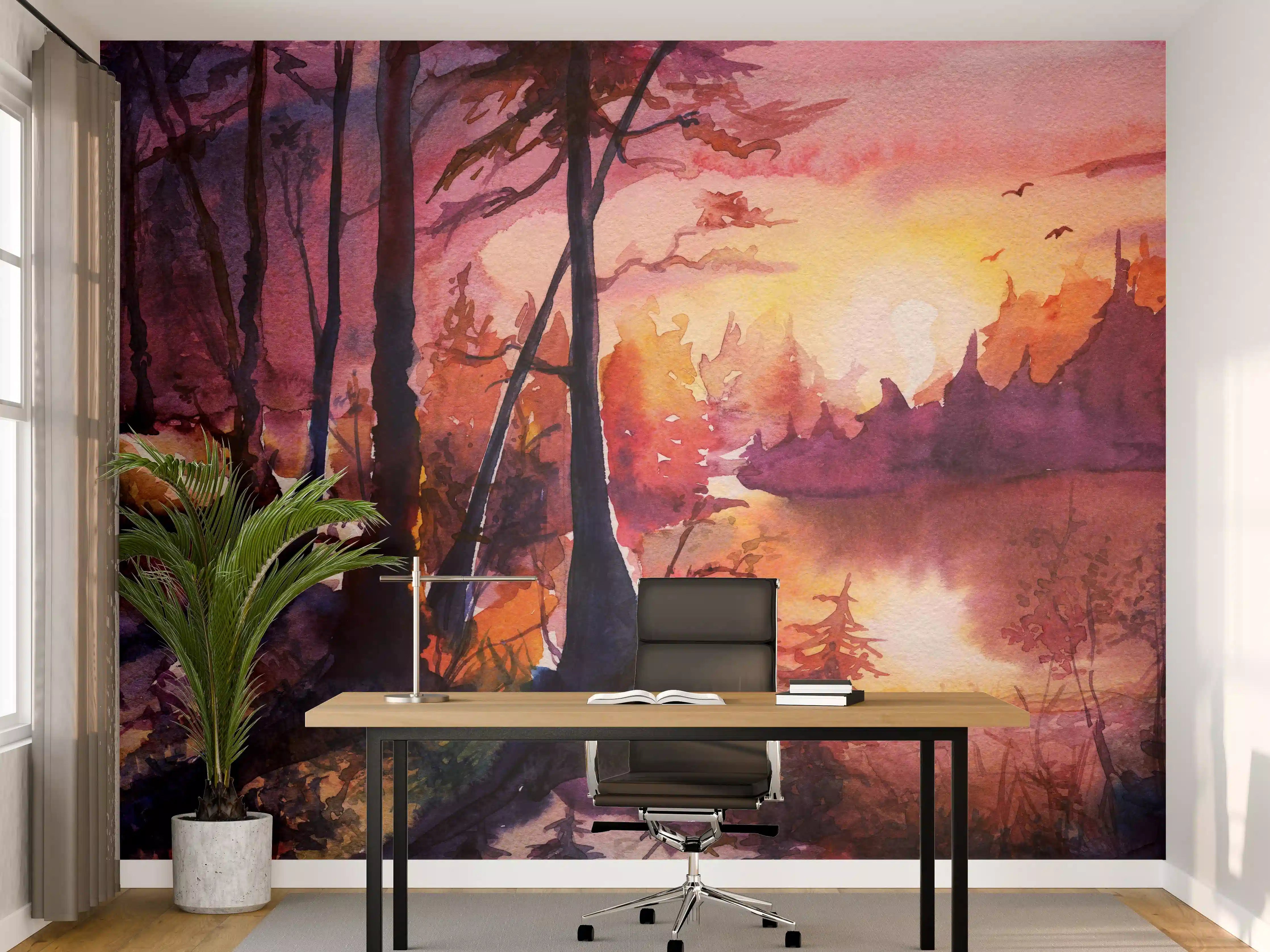 Büro Wandgestaltung - Aquarell Waldlandschaft Malerei
