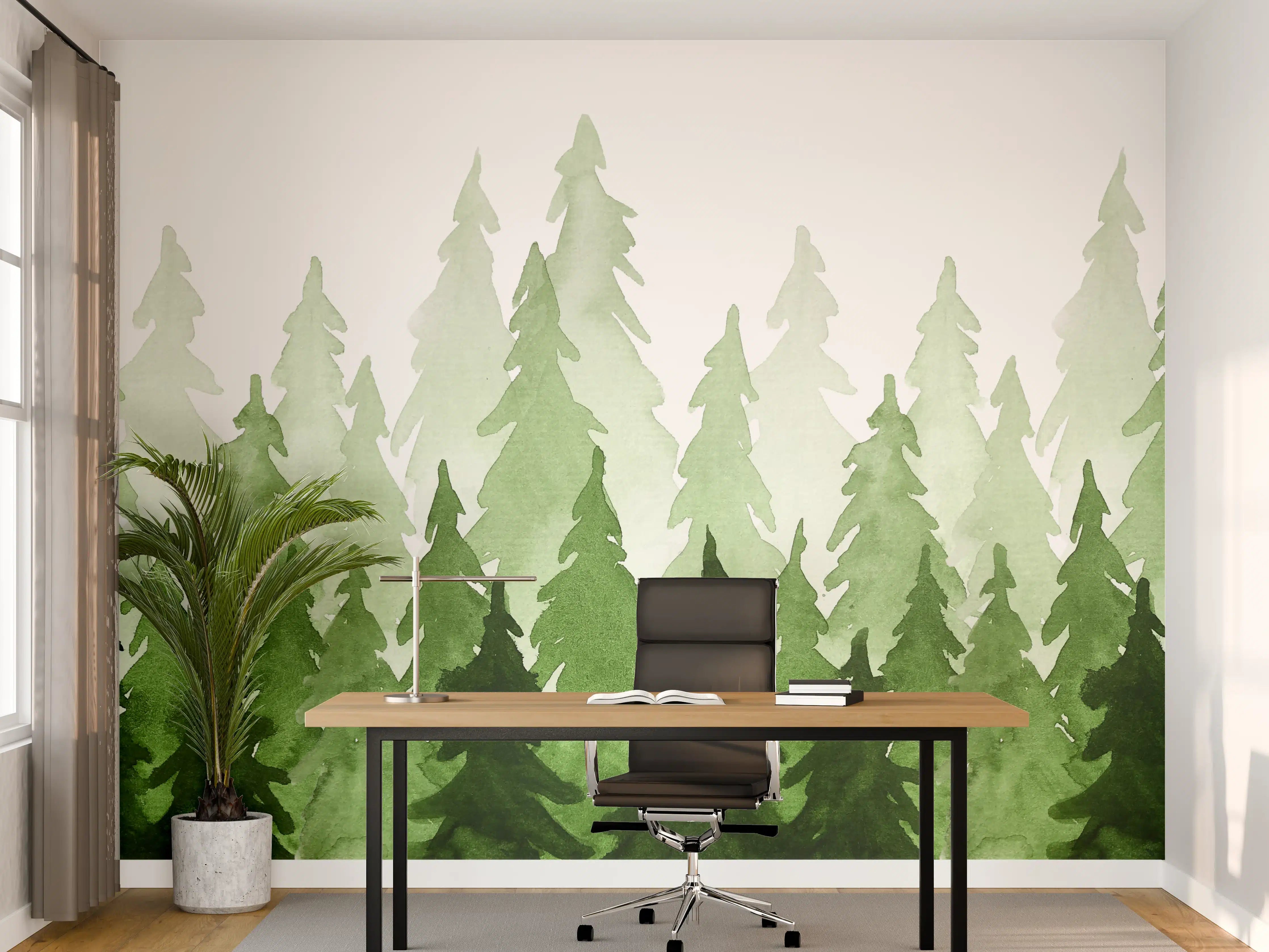 Büro Wandgestaltung - Aquarell von grünen Tannenbäumen