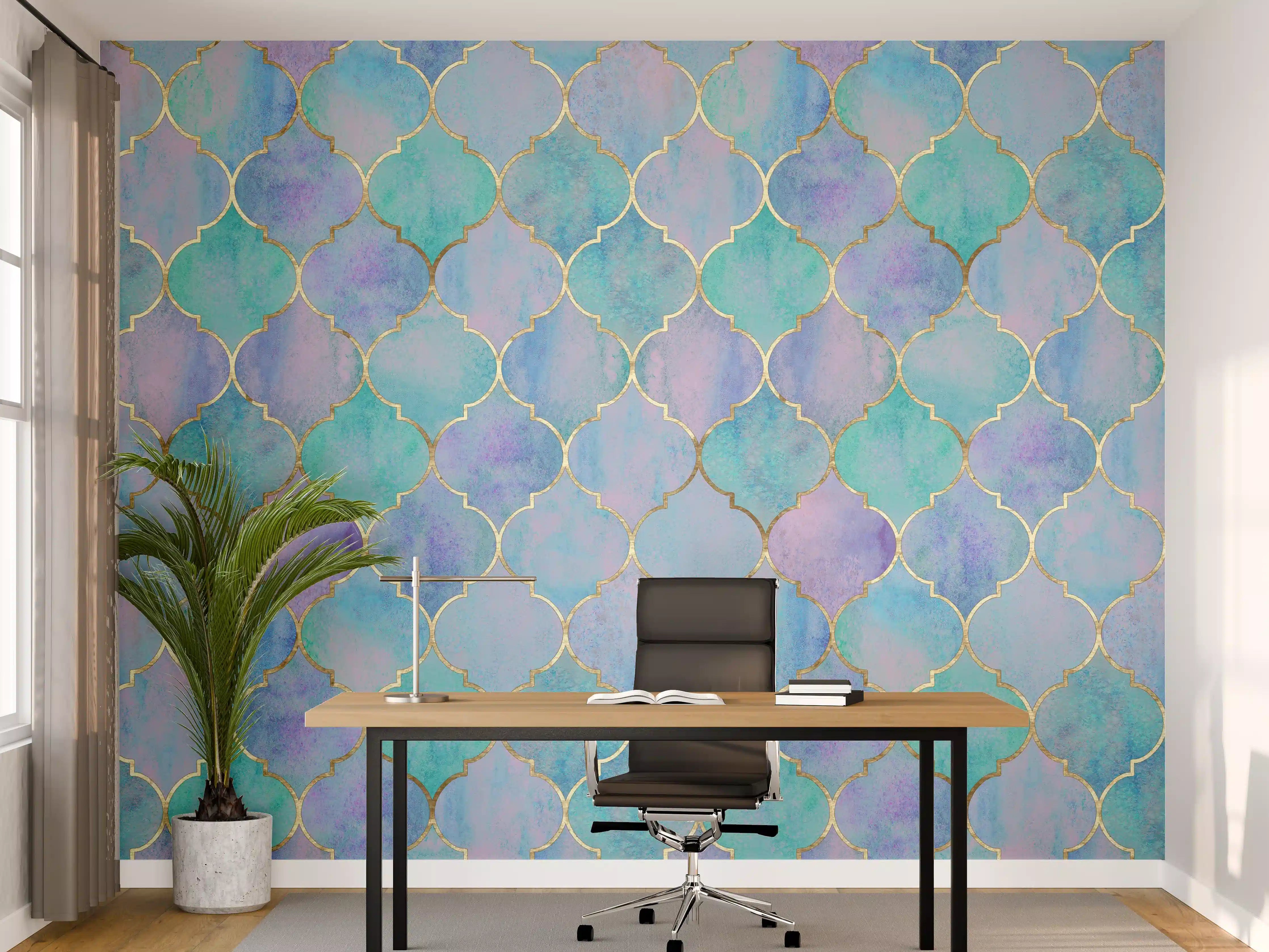 Büro Wandgestaltung - Aquarellartige Wasserfarben in Blau und Lila mit Goldakzenten