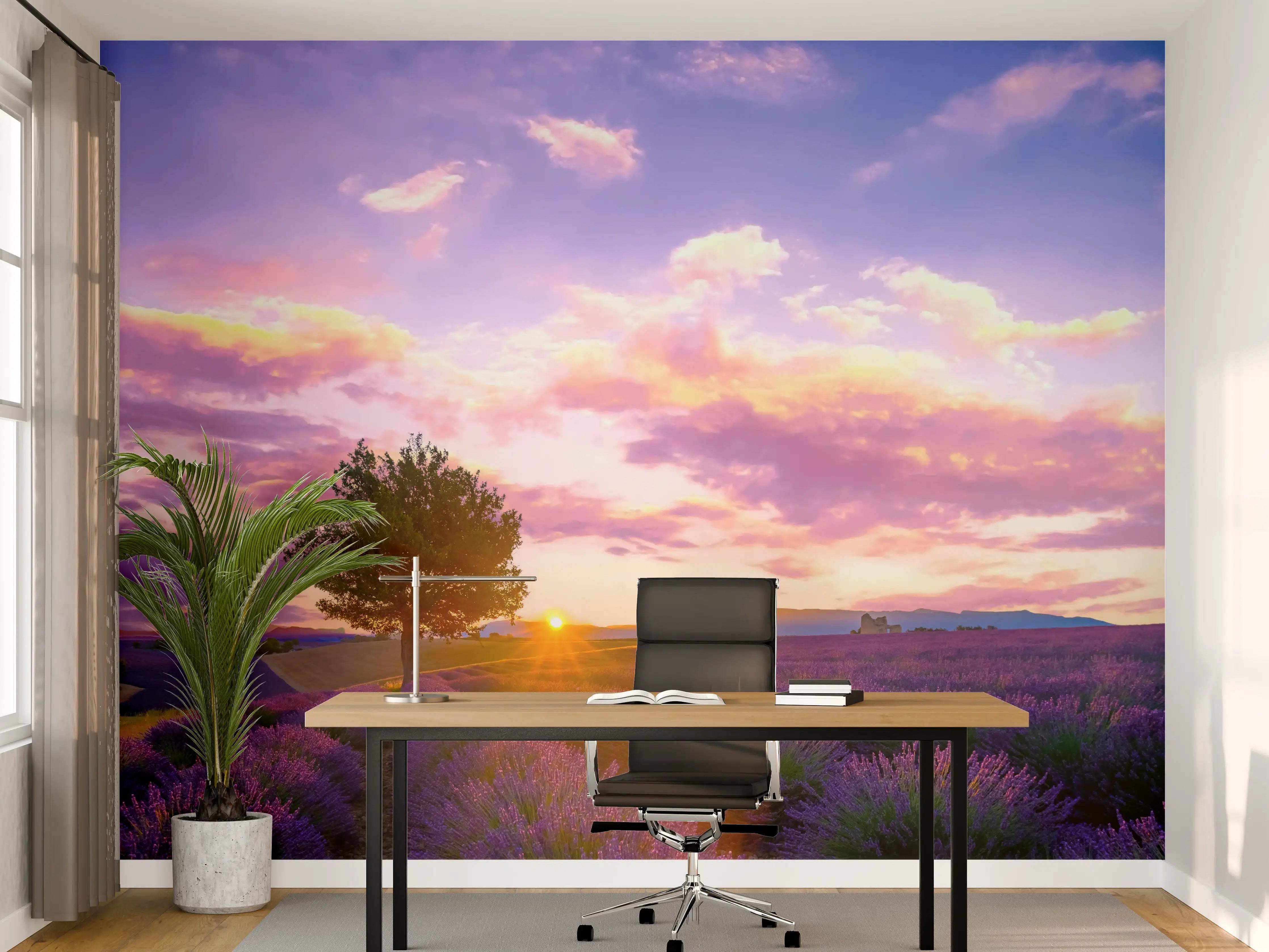 Büro Wandgestaltung - Baum im Lavendelfeld bei Sonnenuntergang in der Provence