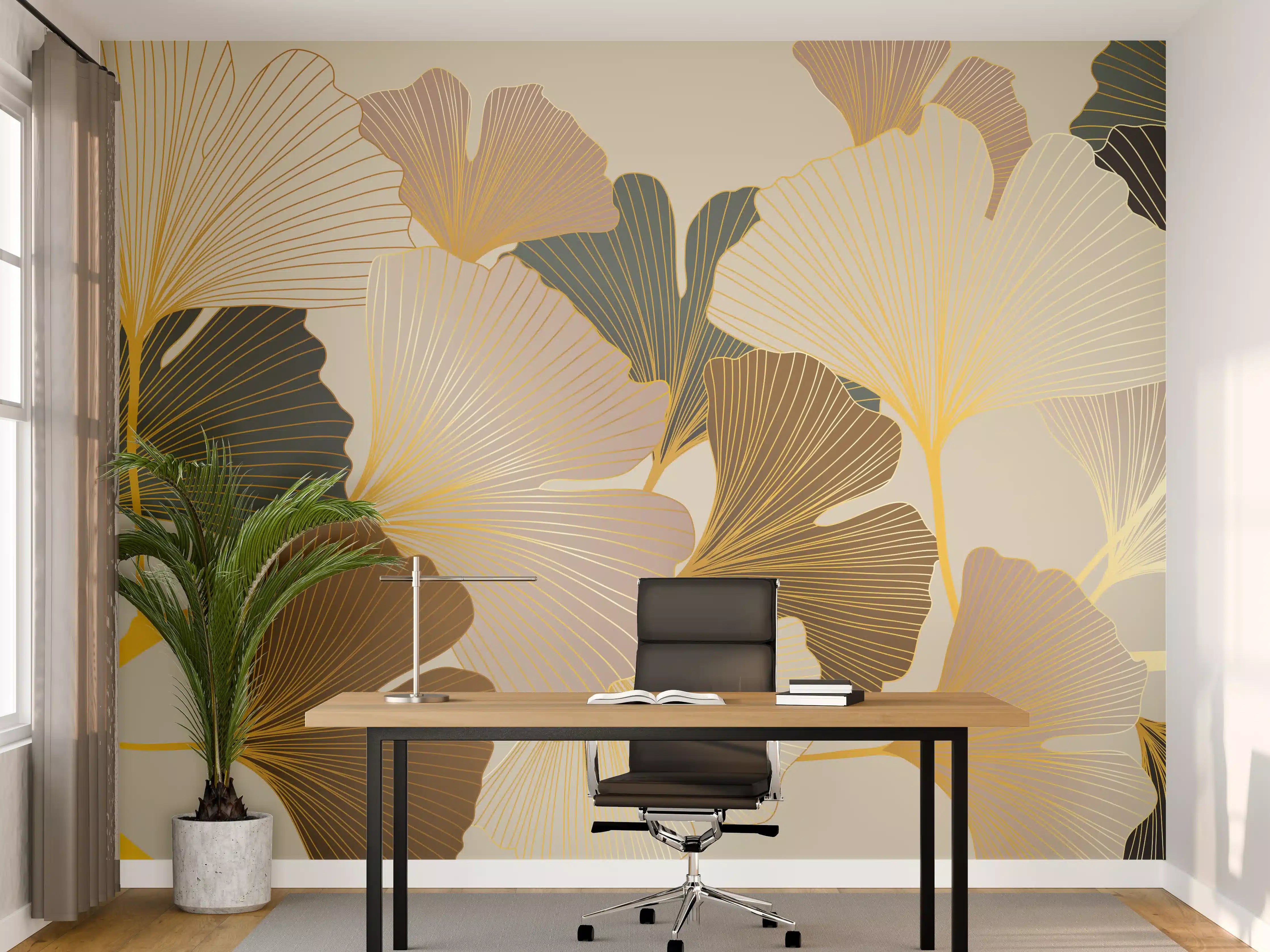 Büro Wandgestaltung - Beige Ginkgo Blattmuster Tapete