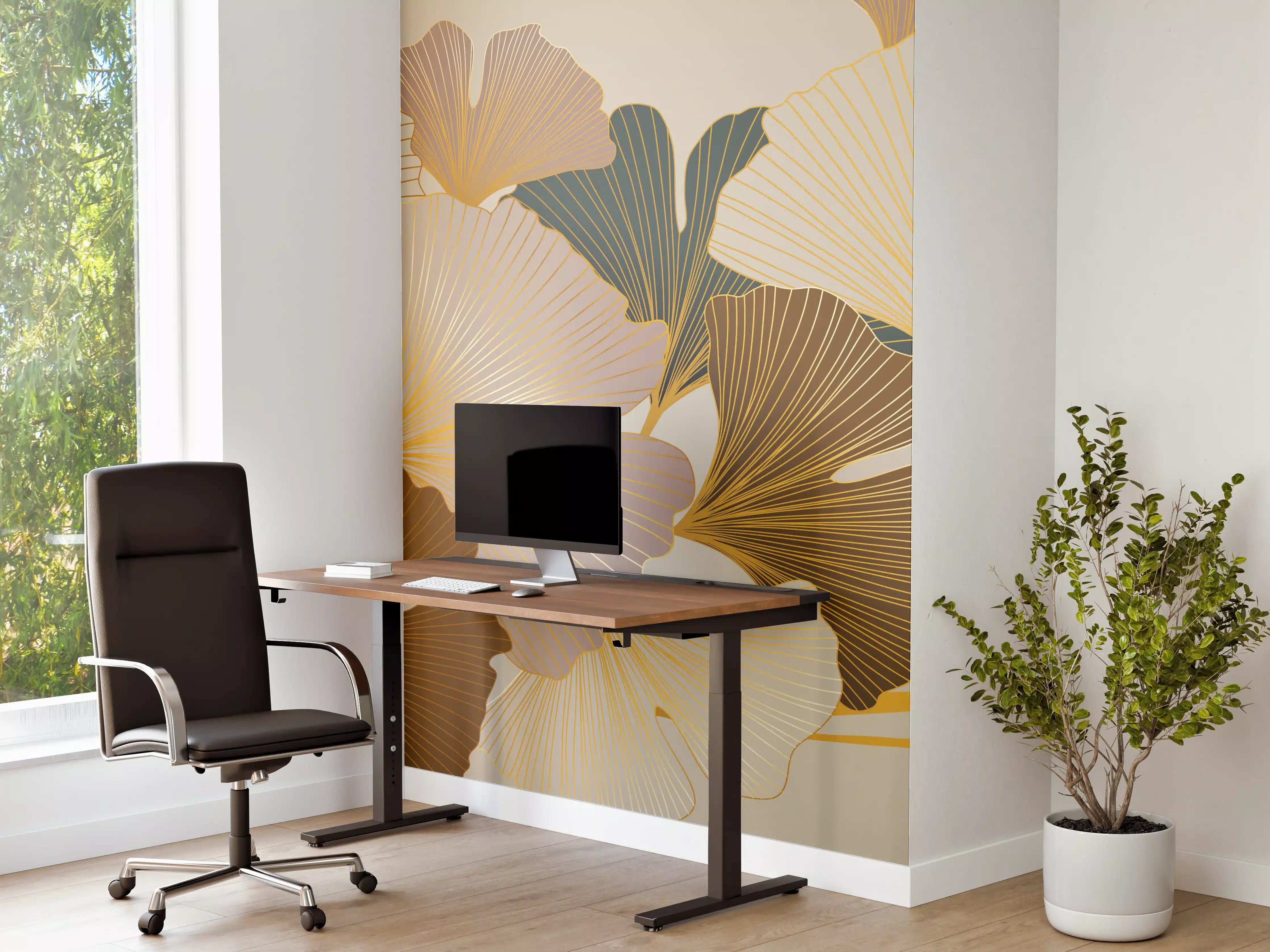 Büro Wandgestaltung - Beige Ginkgo Blattmuster Tapete