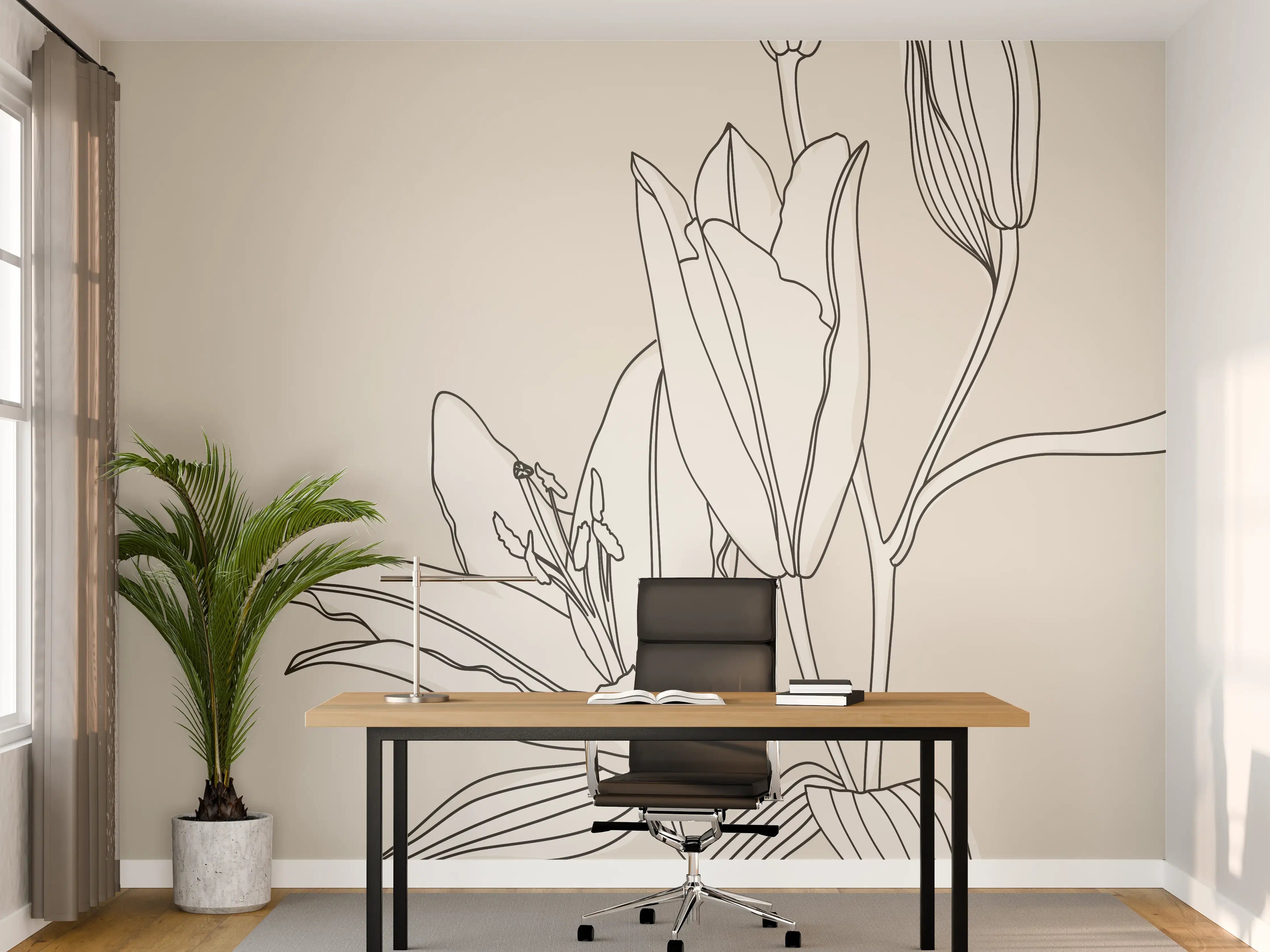 Büro Wandgestaltung - Beige Lilien Linienkunst