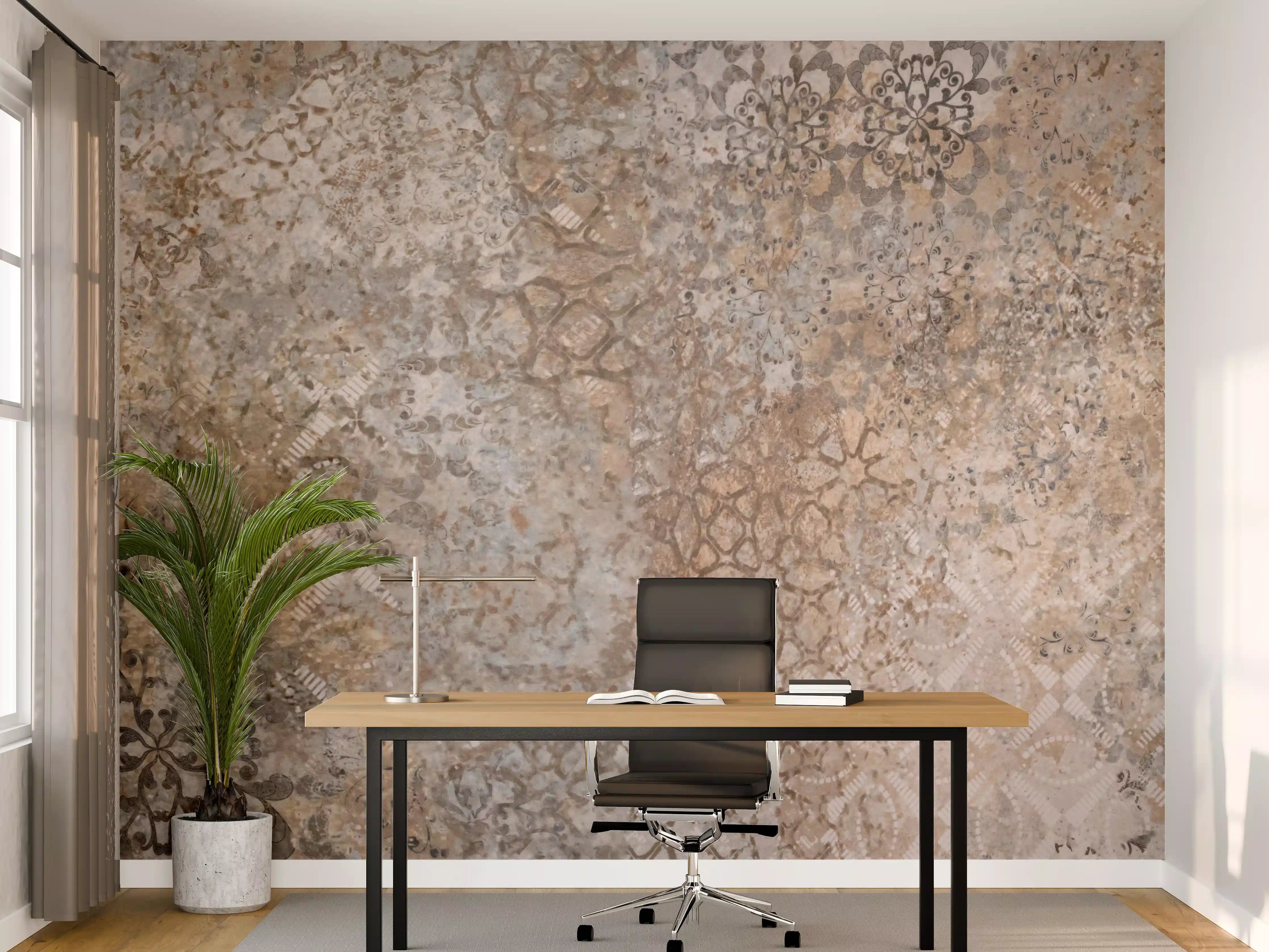 Büro Wandgestaltung - Beige Vintage Blumenmuster im Tapeten-Stil