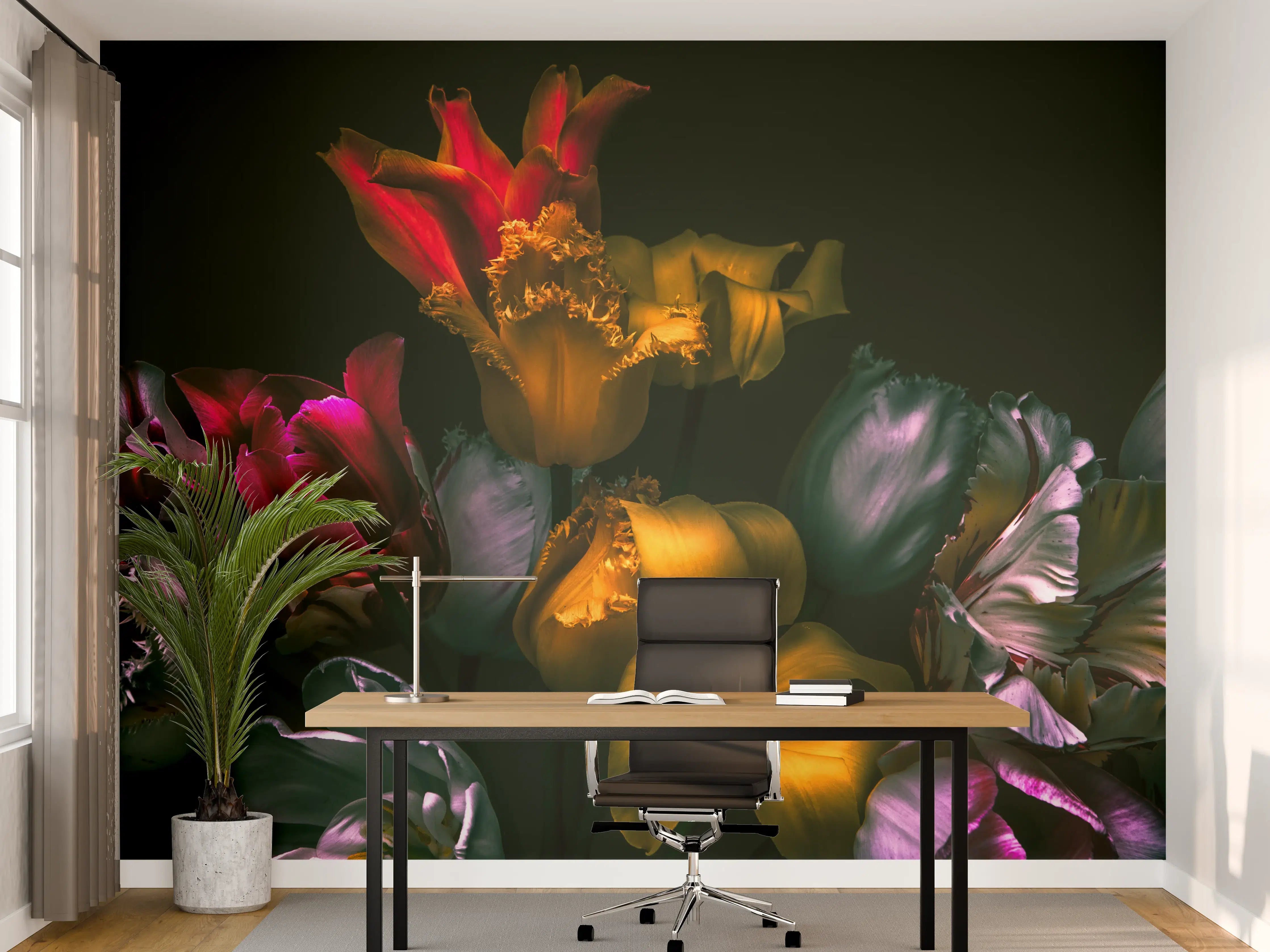 Büro Wandgestaltung - Beleuchtete Edelrosen in dunklem Hintergrund
