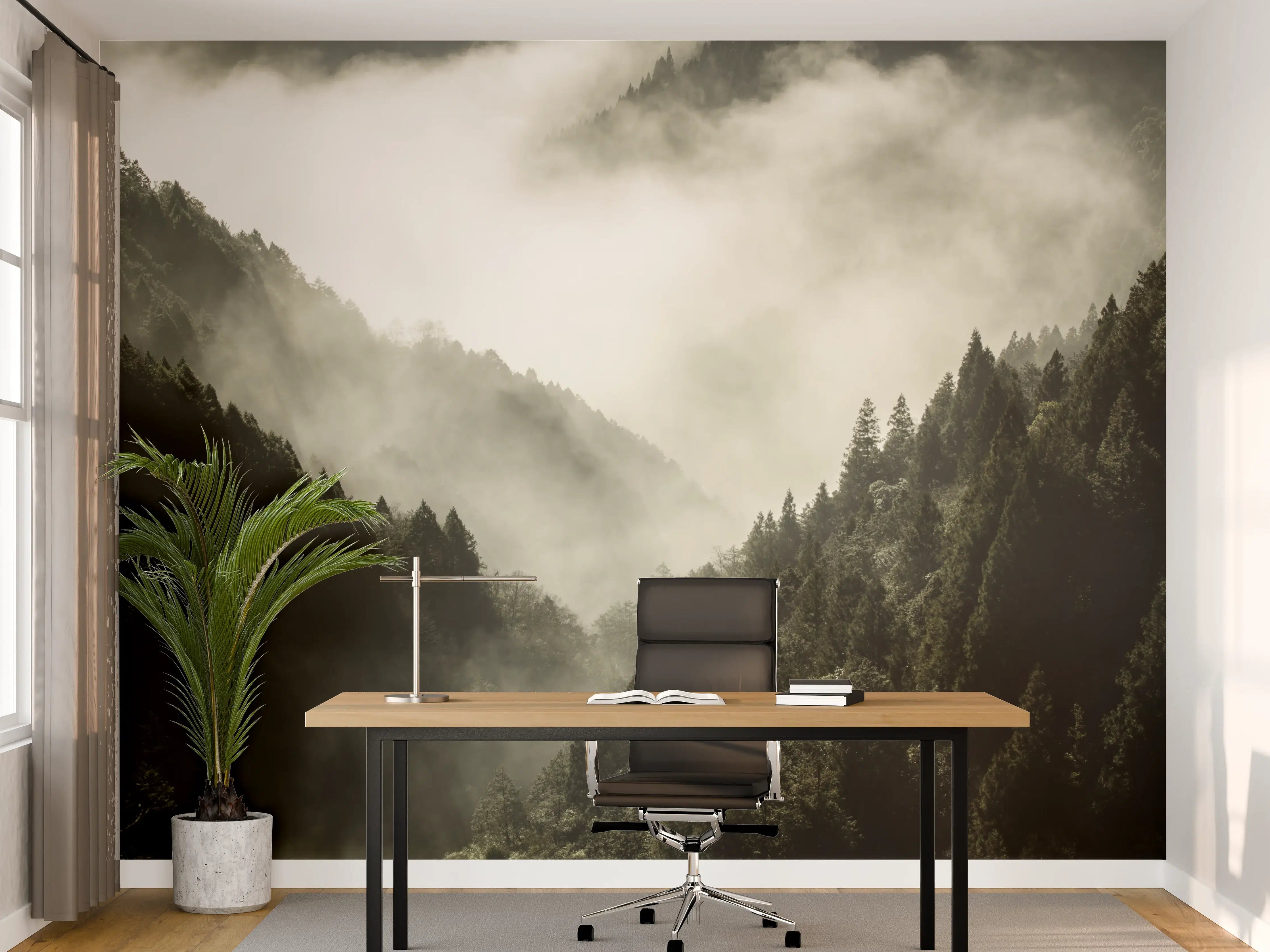 Büro Wandgestaltung - Berg bedeckt in Nebel und Wolken