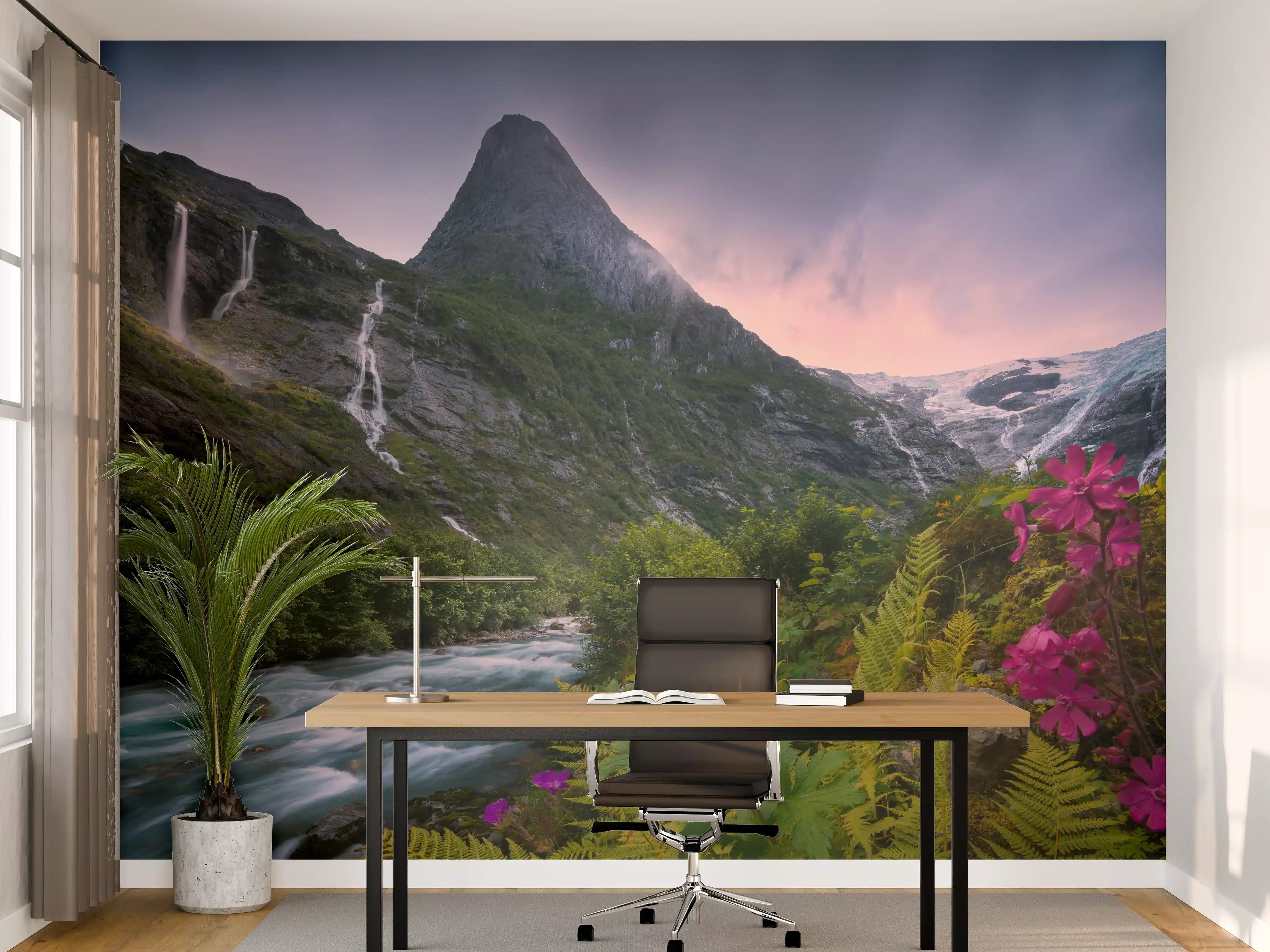 Büro Wandgestaltung - Berglandschaft Norwegens mit Wasserfällen