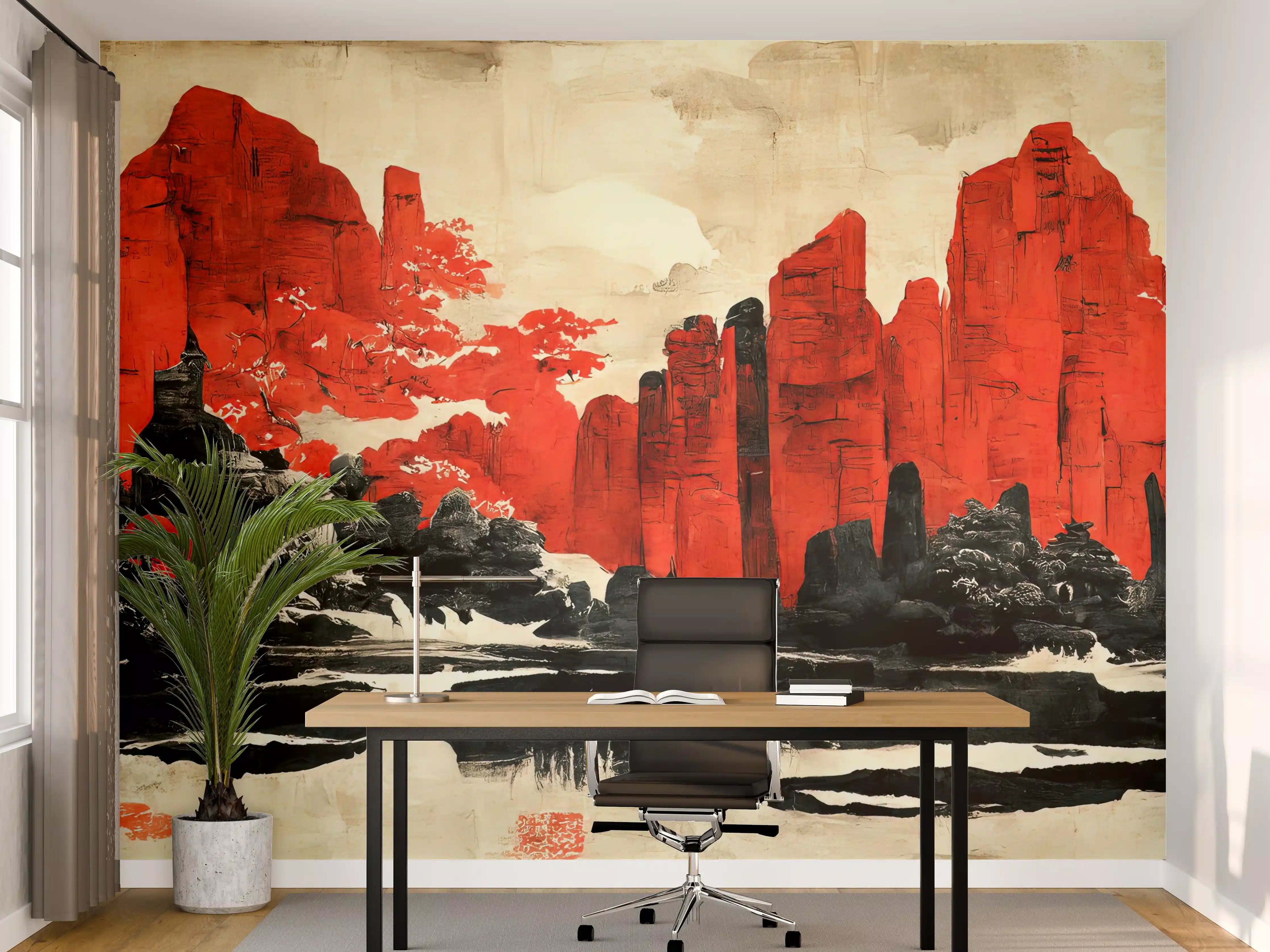 Büro Wandgestaltung - Berglandschaft in Rot-Schwarz-Tönen