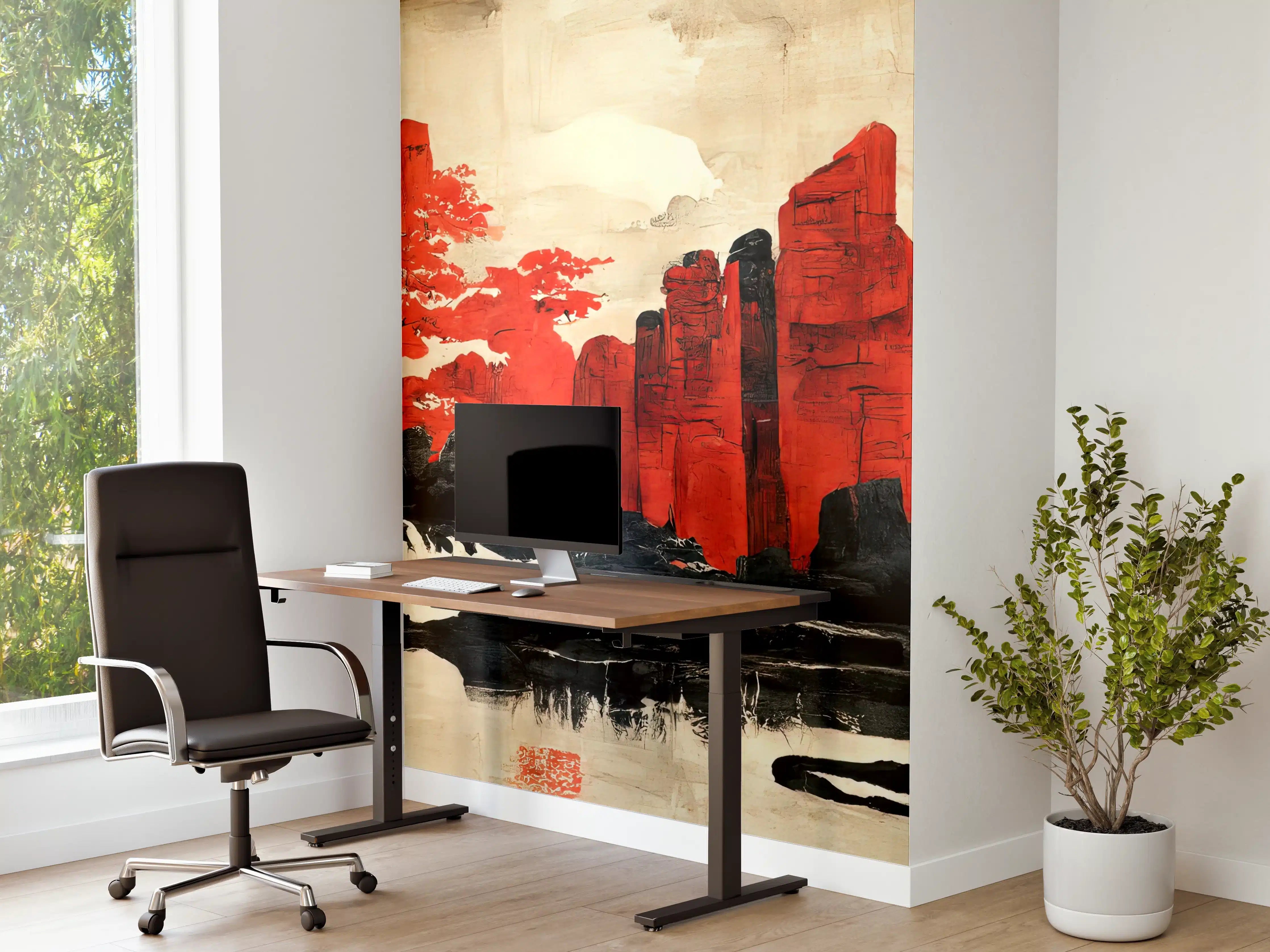 Büro Wandgestaltung - Berglandschaft in Rot-Schwarz-Tönen