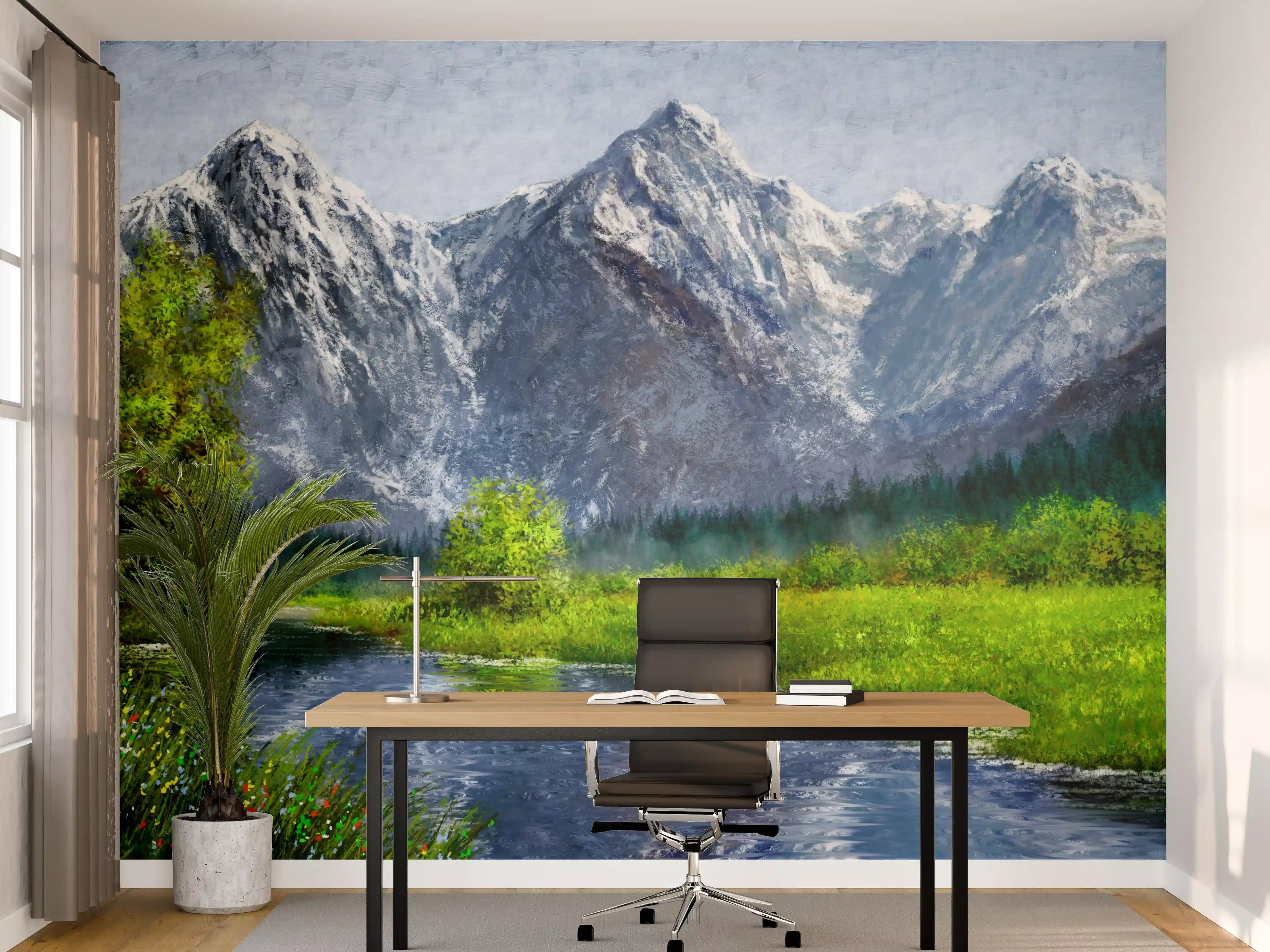 Büro Wandgestaltung - Berglandschaft mit Fluss und grüner Wiese