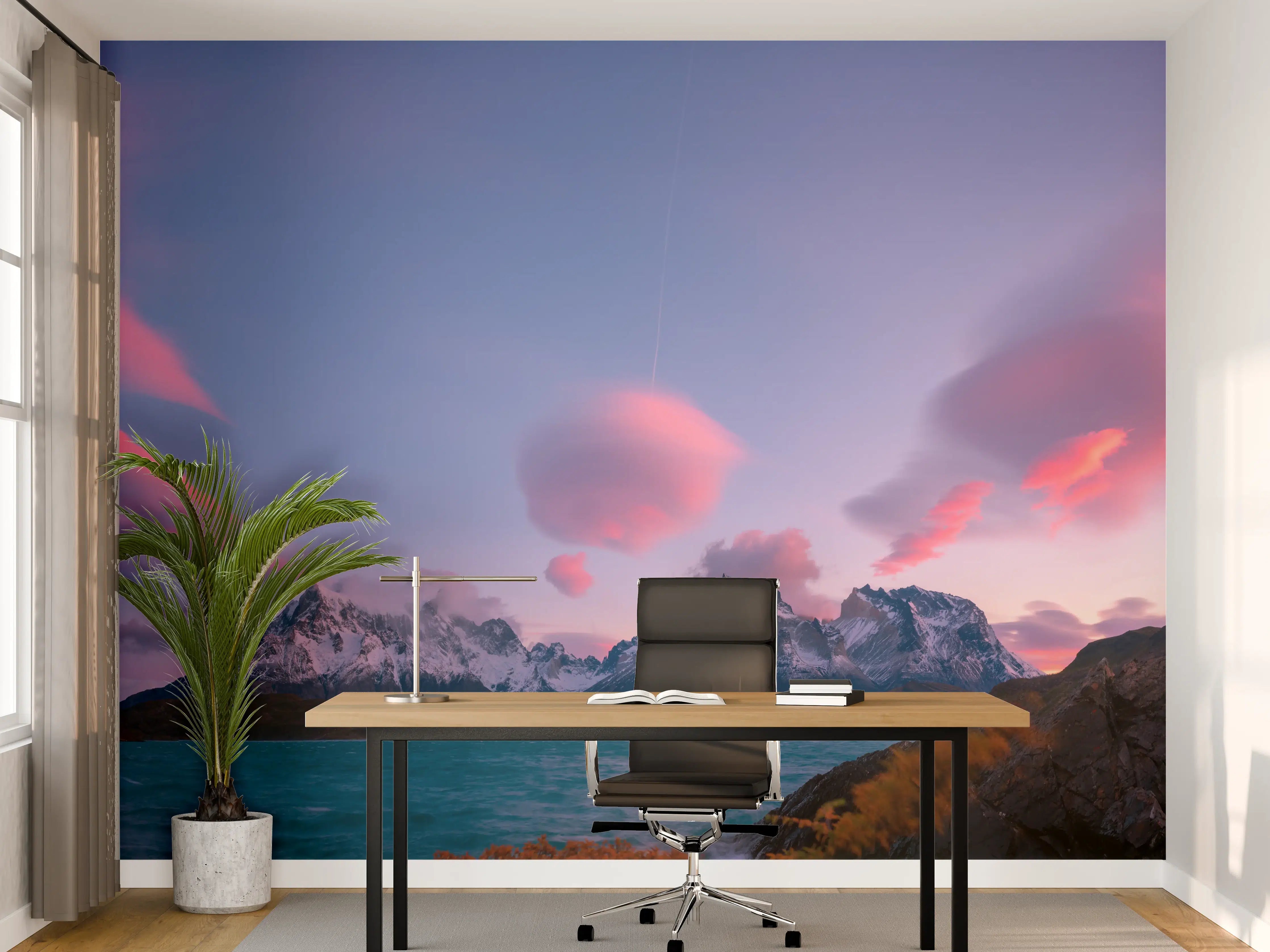 Büro Wandgestaltung - Bergpanorama im rosa Sonnenuntergang
