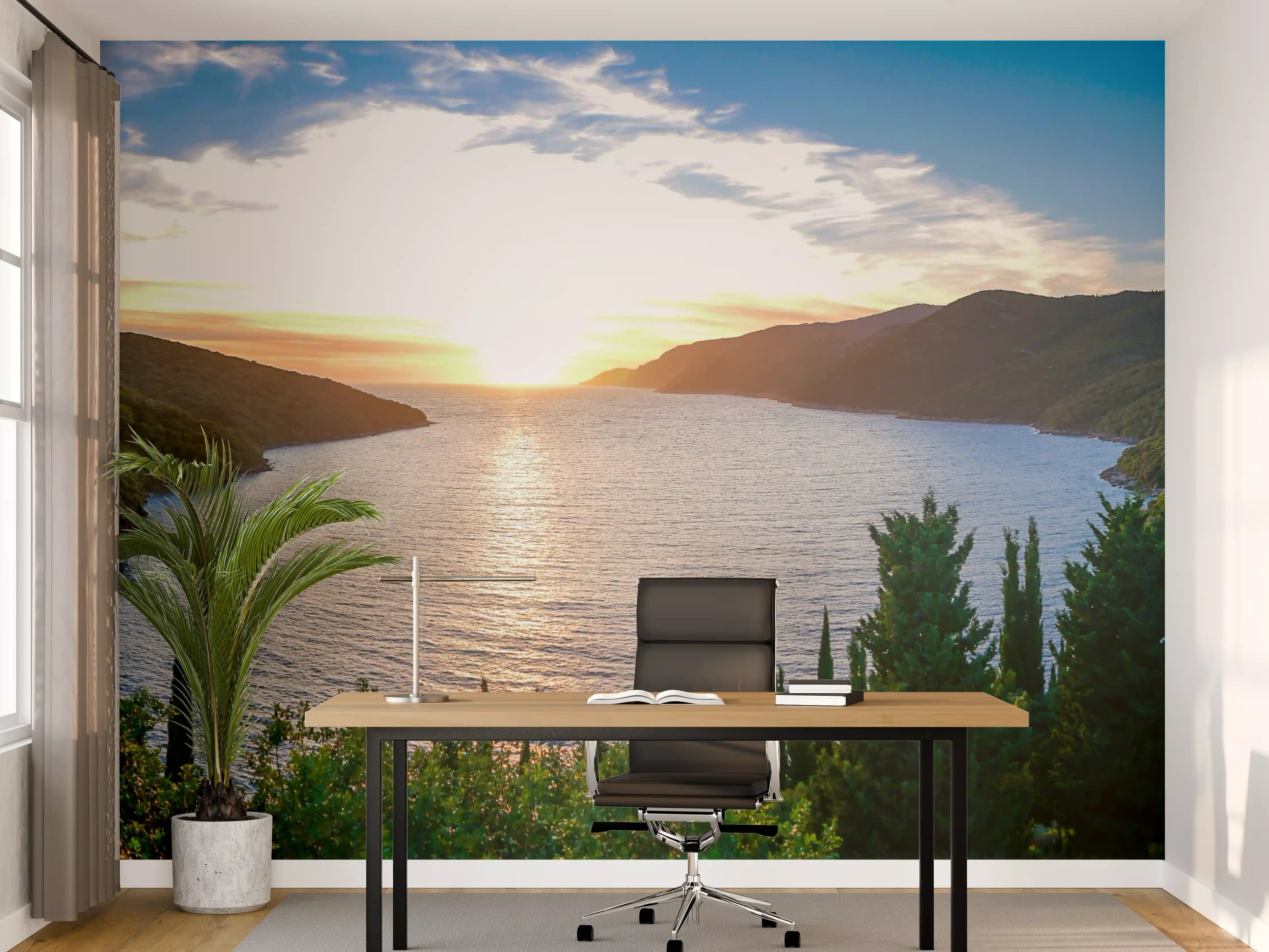Büro Wandgestaltung - Bergsee bei Sonnenuntergang mit grünem Ufer