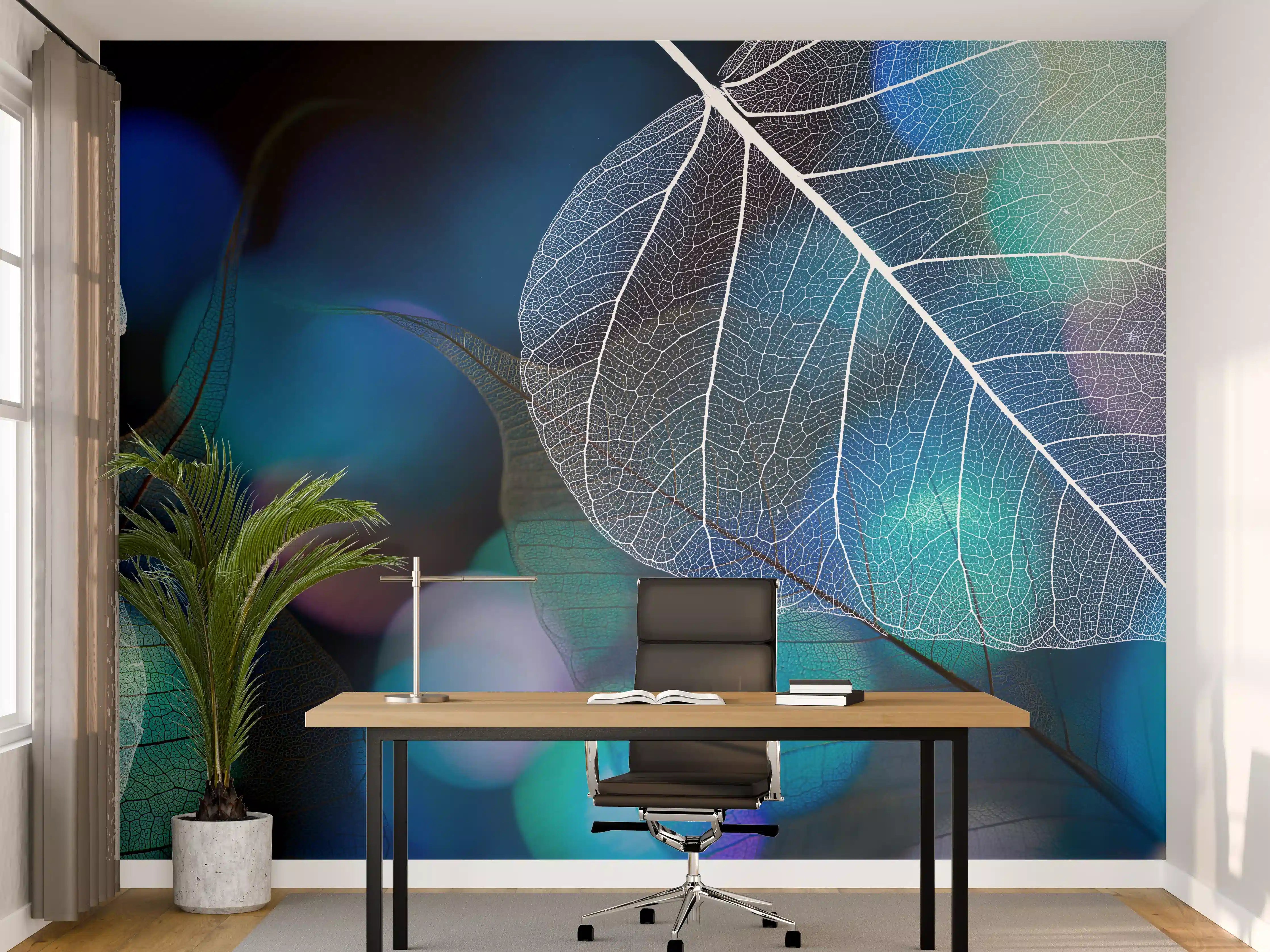 Büro Wandgestaltung - Blattstruktur mit Lichtbokeh Effekt