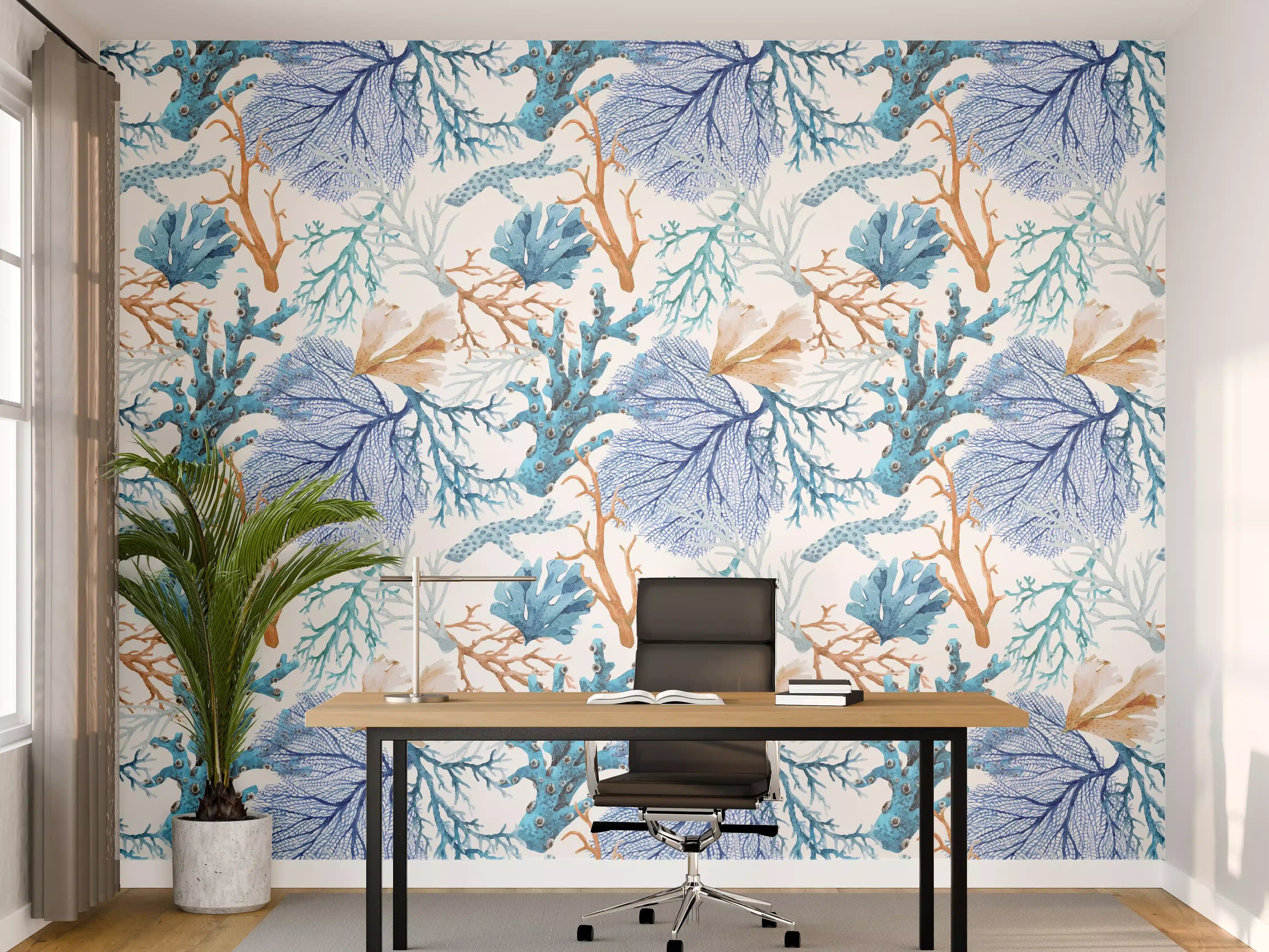 Büro Wandgestaltung - Blau-Beige Korallenmuster