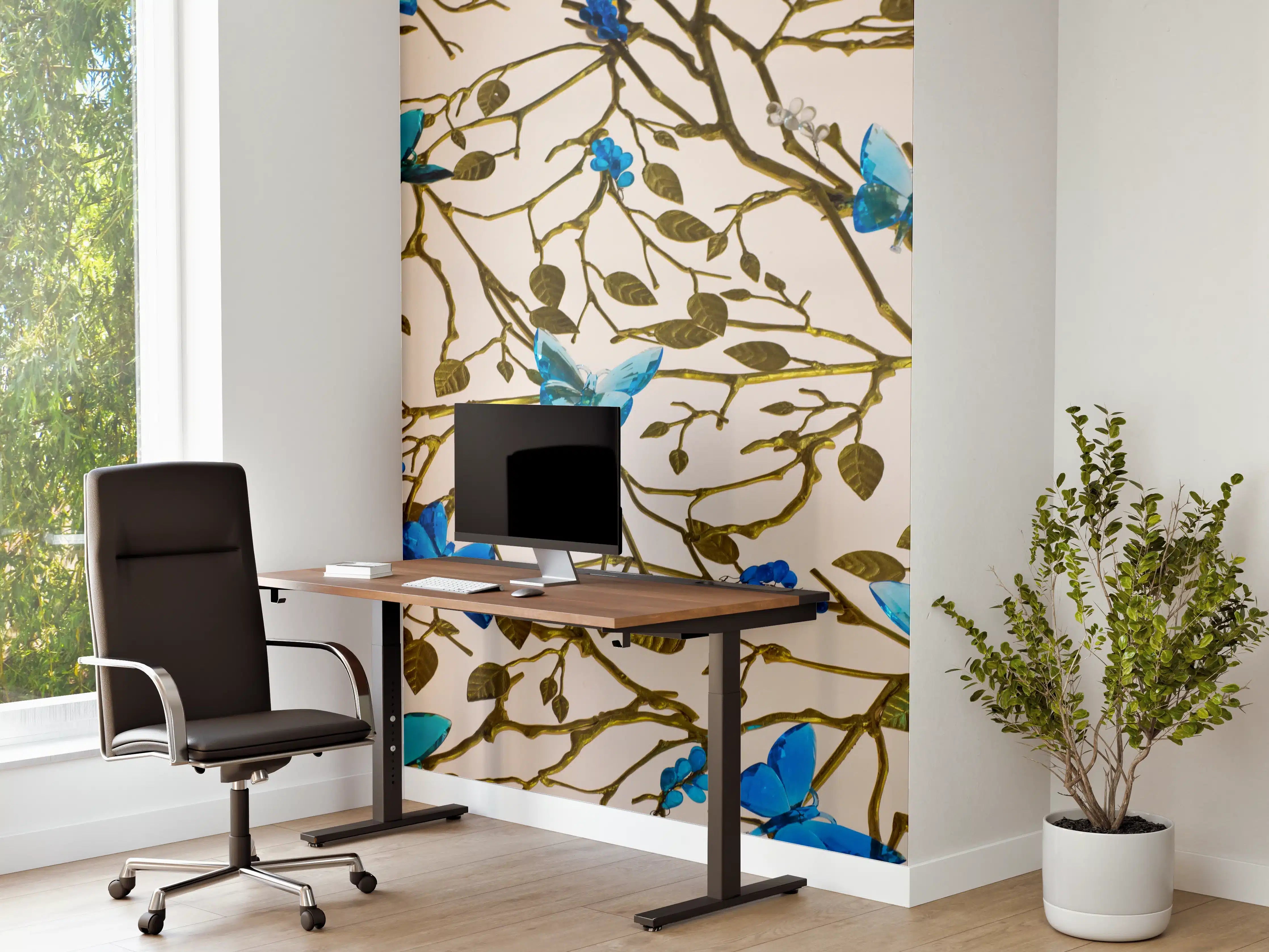 Büro Wandgestaltung - Blau-Goldenes Blumenmuster