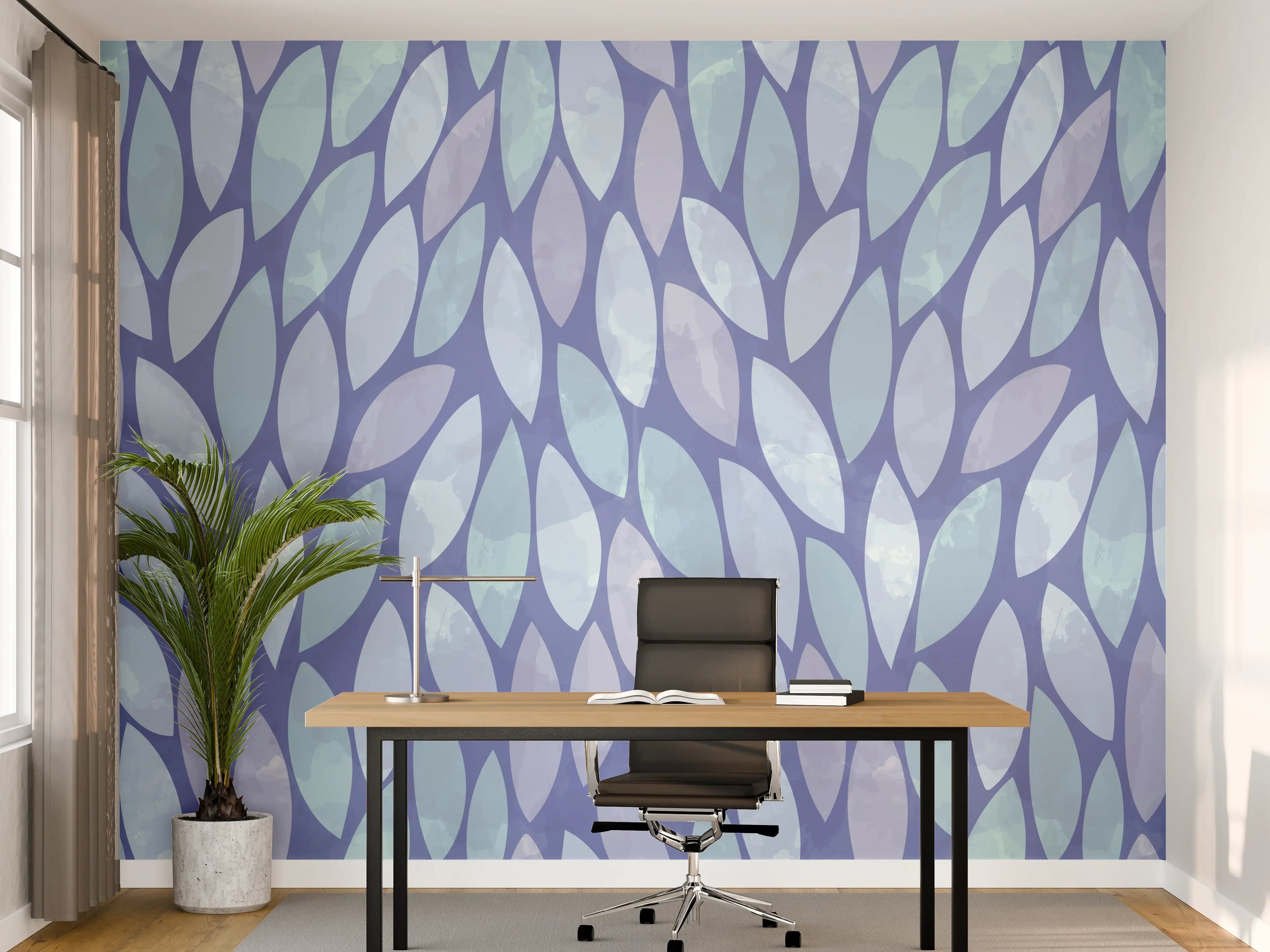 Büro Wandgestaltung - Blau-Lila Blumenmotive mit Grautönen