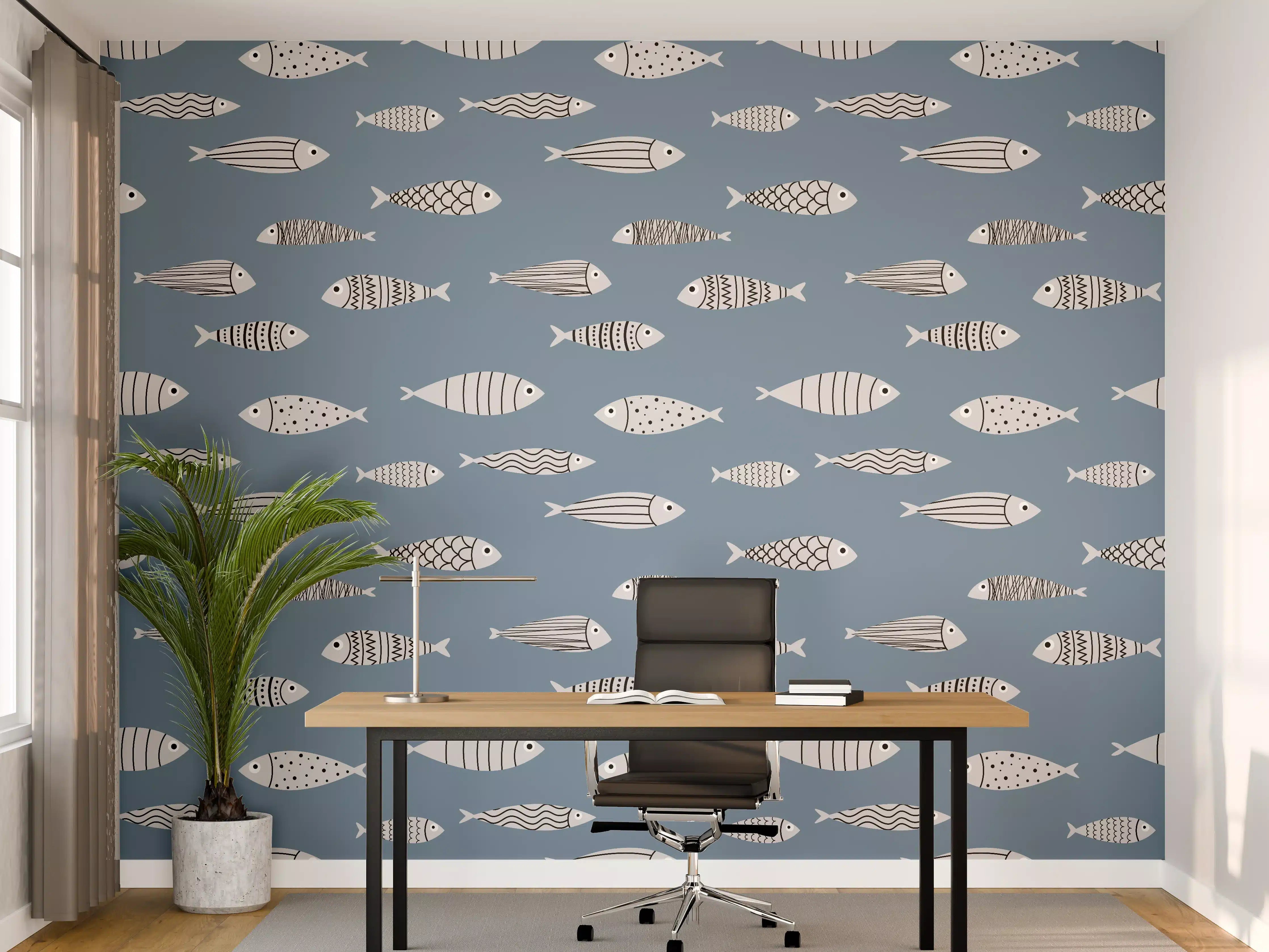 Büro Wandgestaltung - Blau-Weiß Fischmuster
