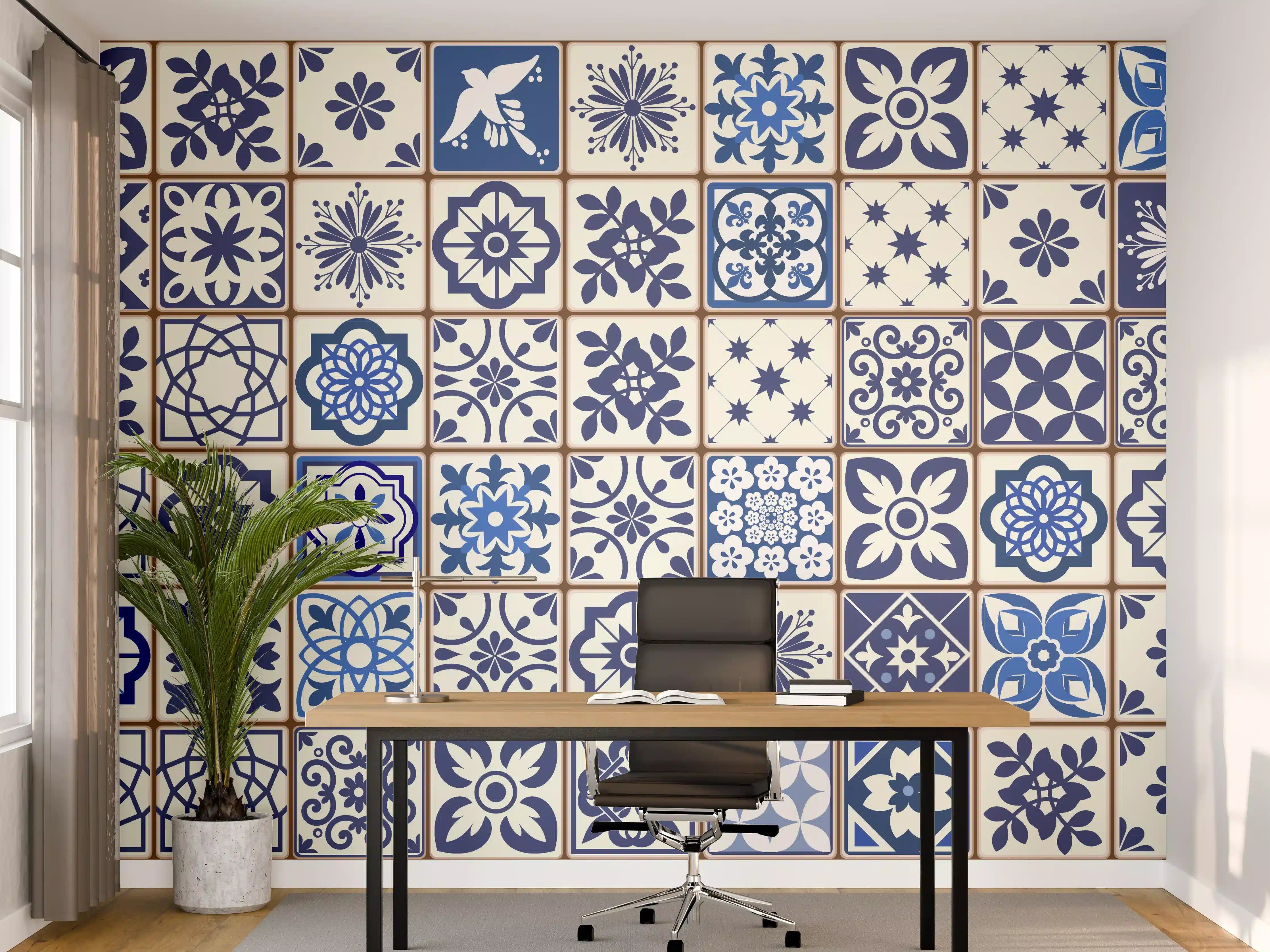 Büro Wandgestaltung - Blau-Weiße Fliesenmuster