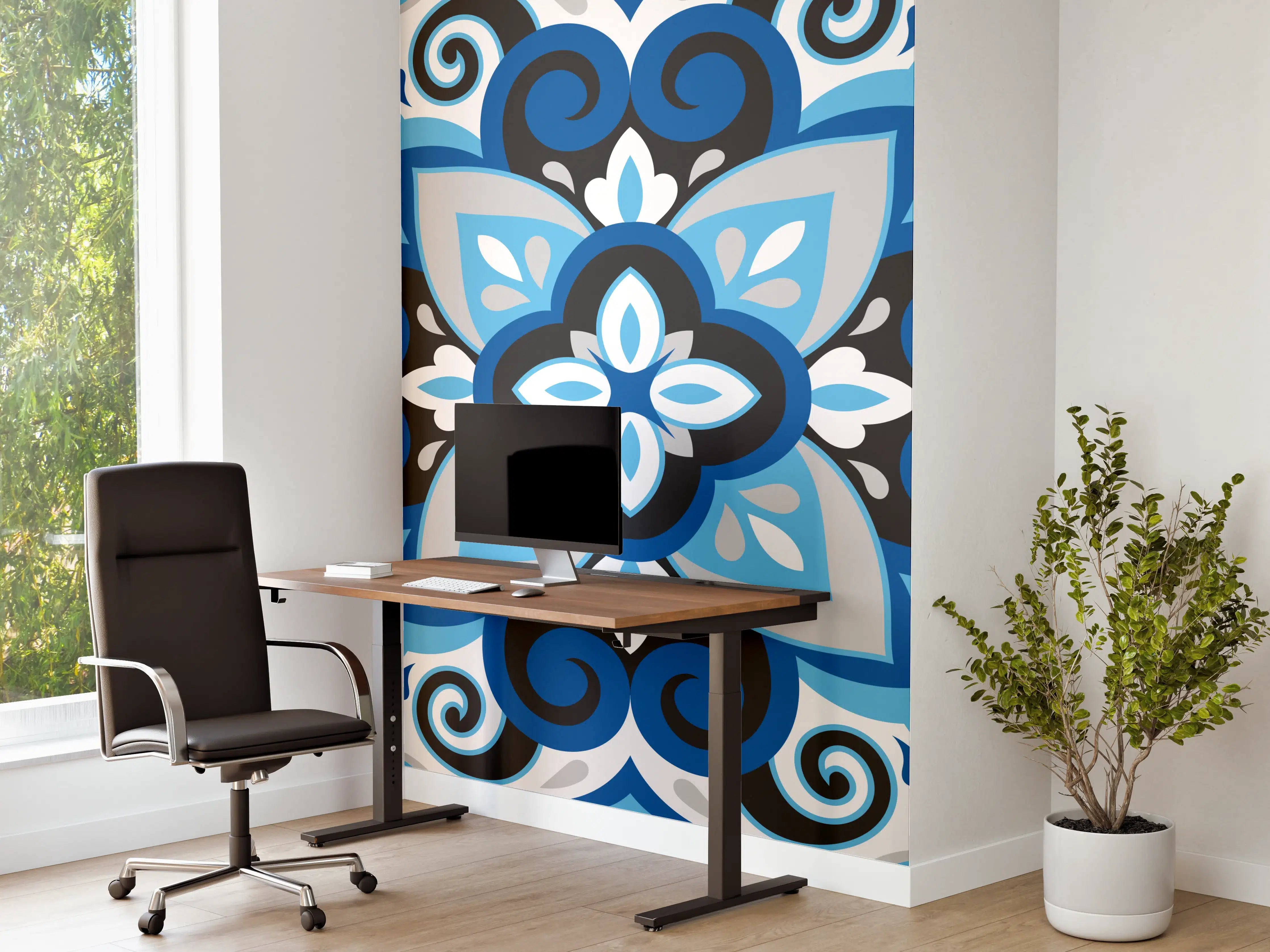 Büro Wandgestaltung - Blau-weißes Musterdesign mit subtilen Grautönen