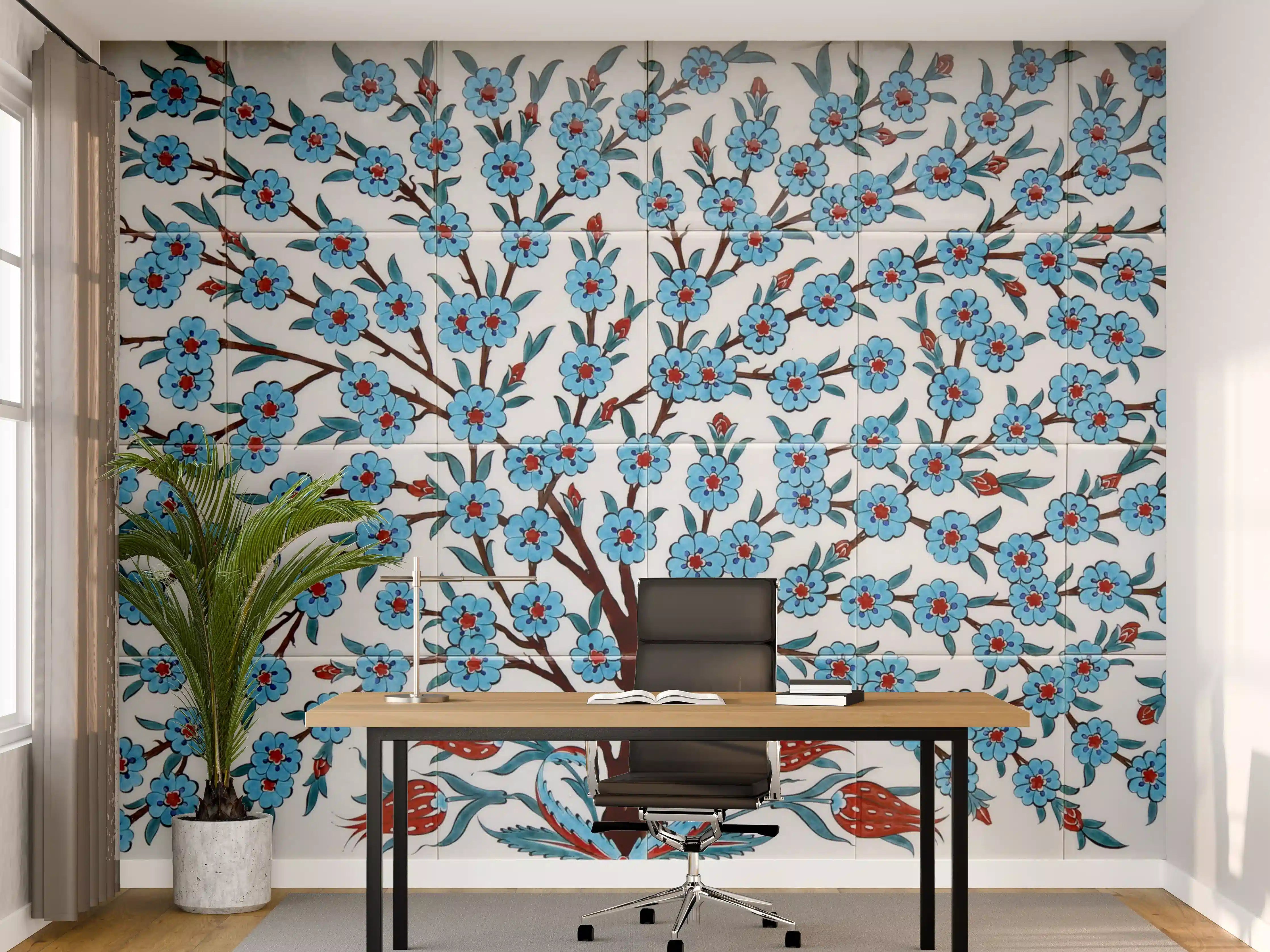 Büro Wandgestaltung - Blauer Baum mit Vögeln auf weißem Hintergrund