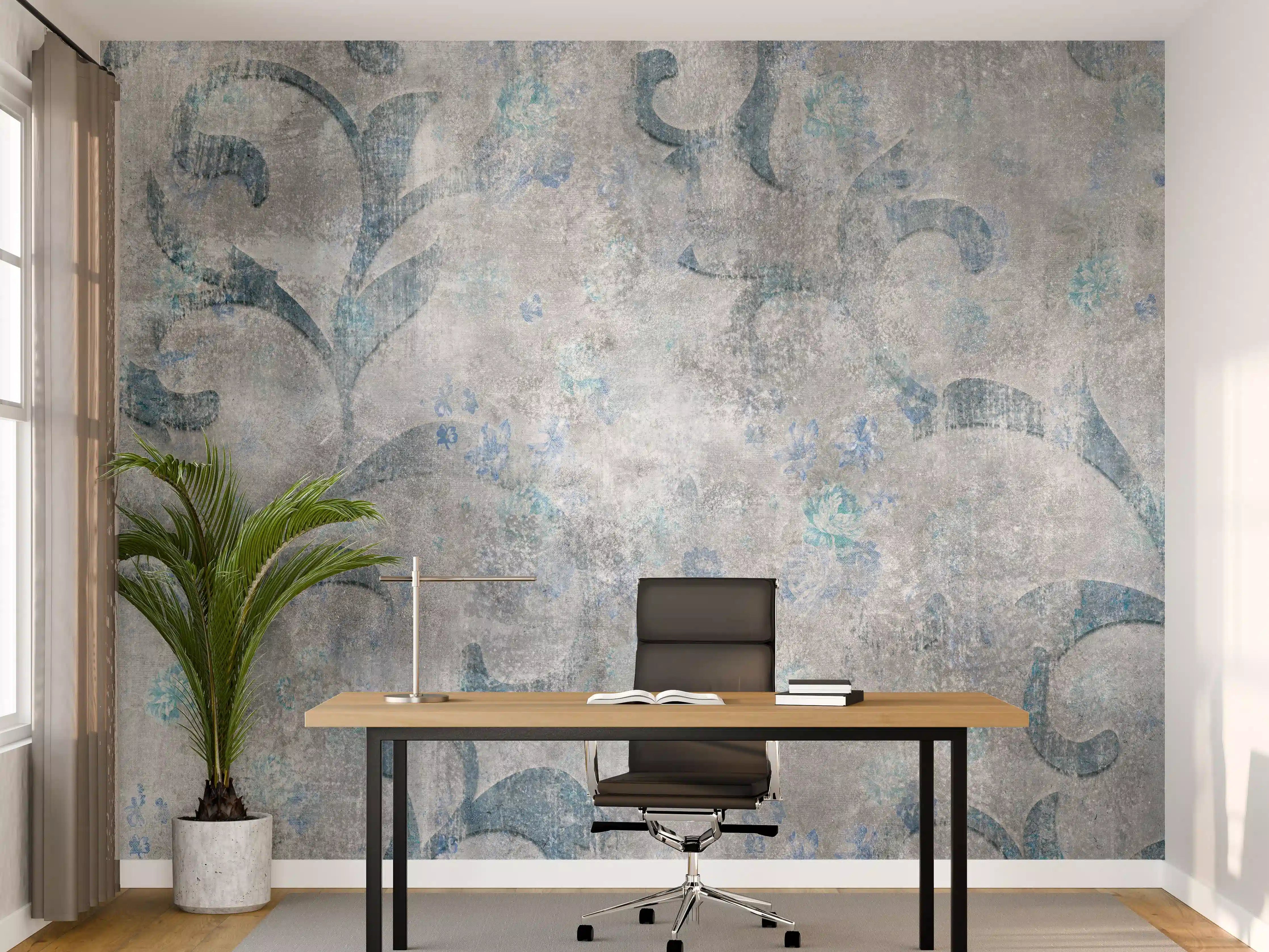 Büro Wandgestaltung - Blaues Blätter Muster - Zement