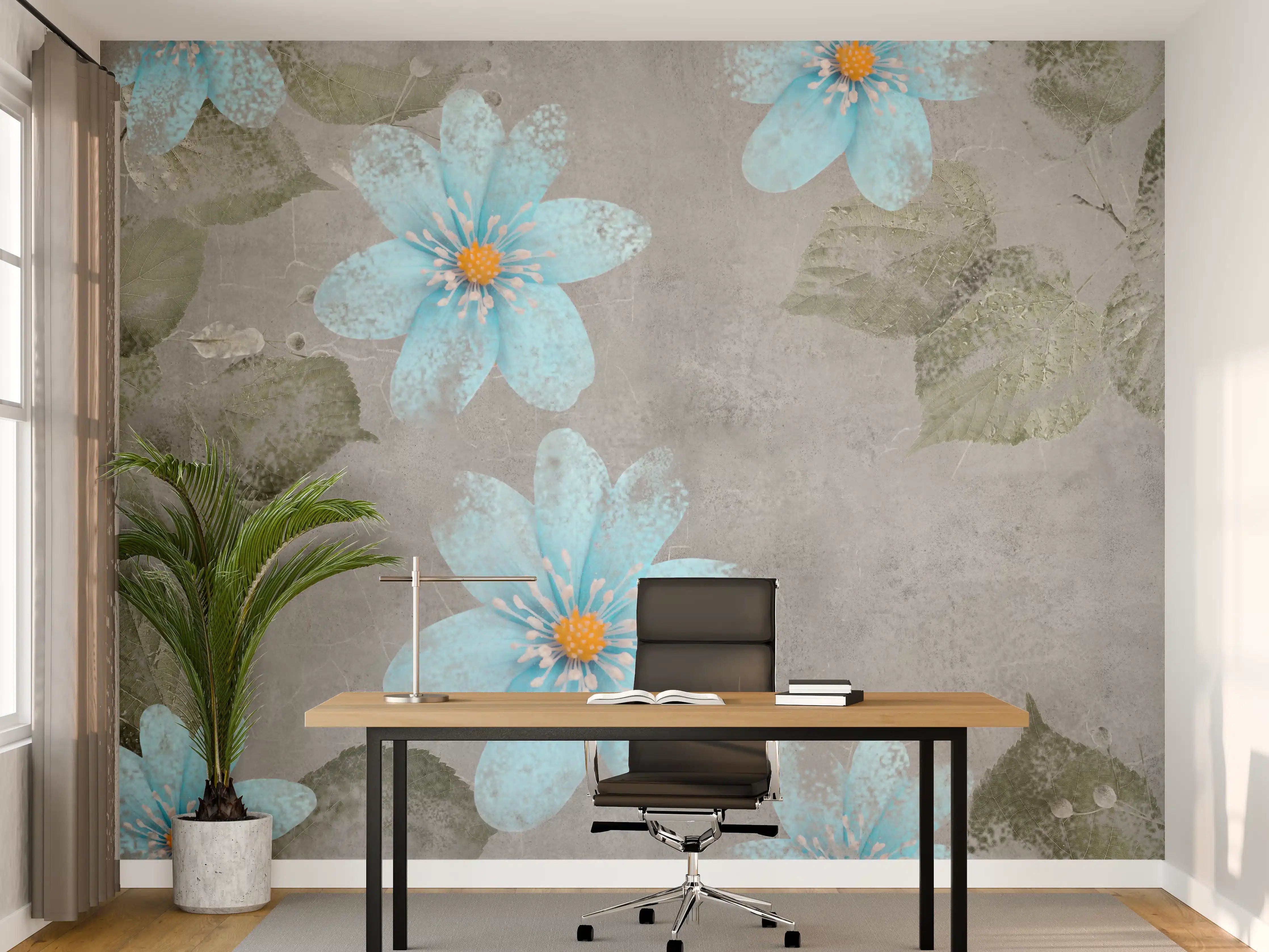 Büro Wandgestaltung - Blaues Blumenmuster - Zeichnung