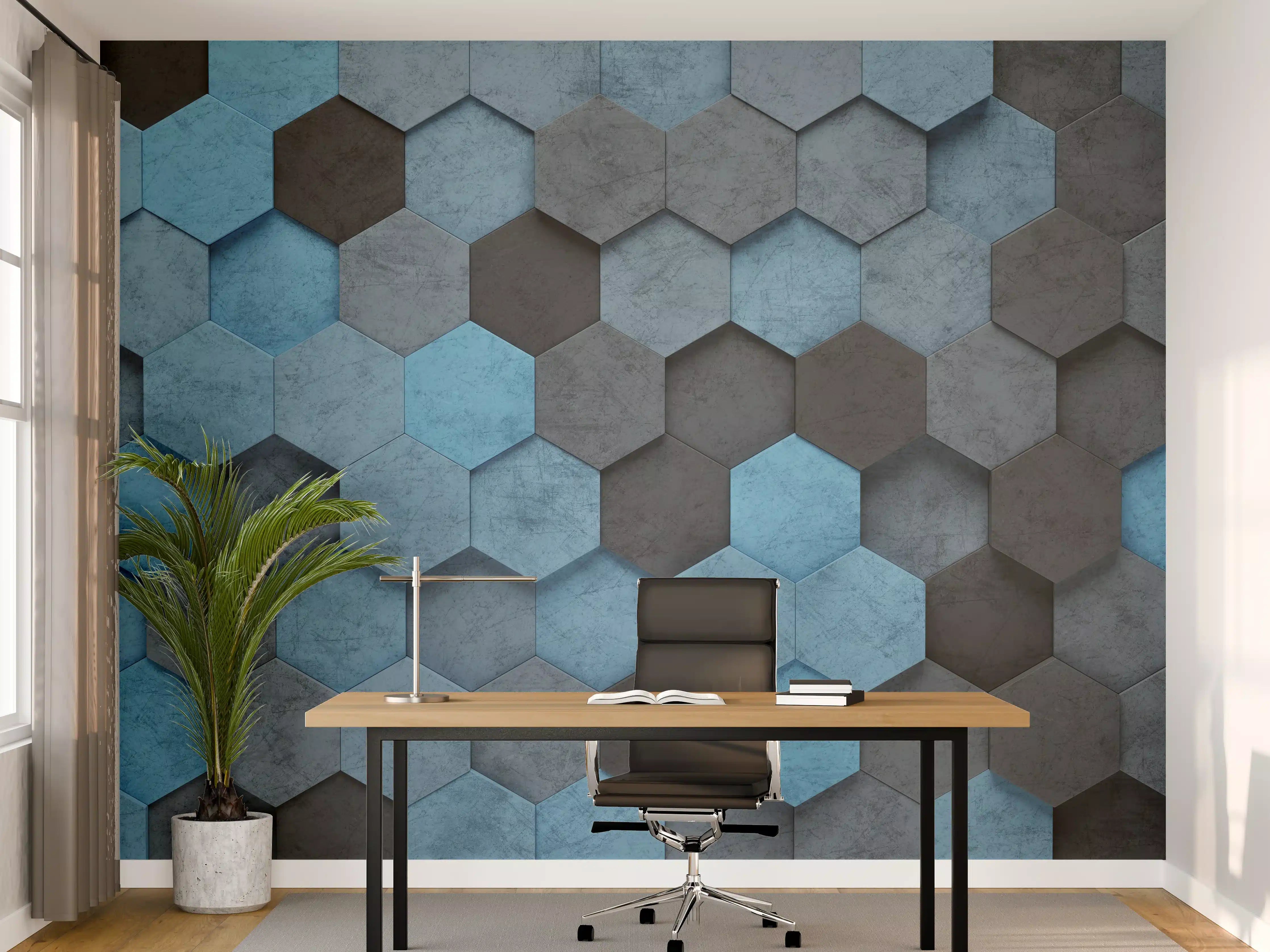 Büro Wandgestaltung - Blaues Sechseck 3D Muster