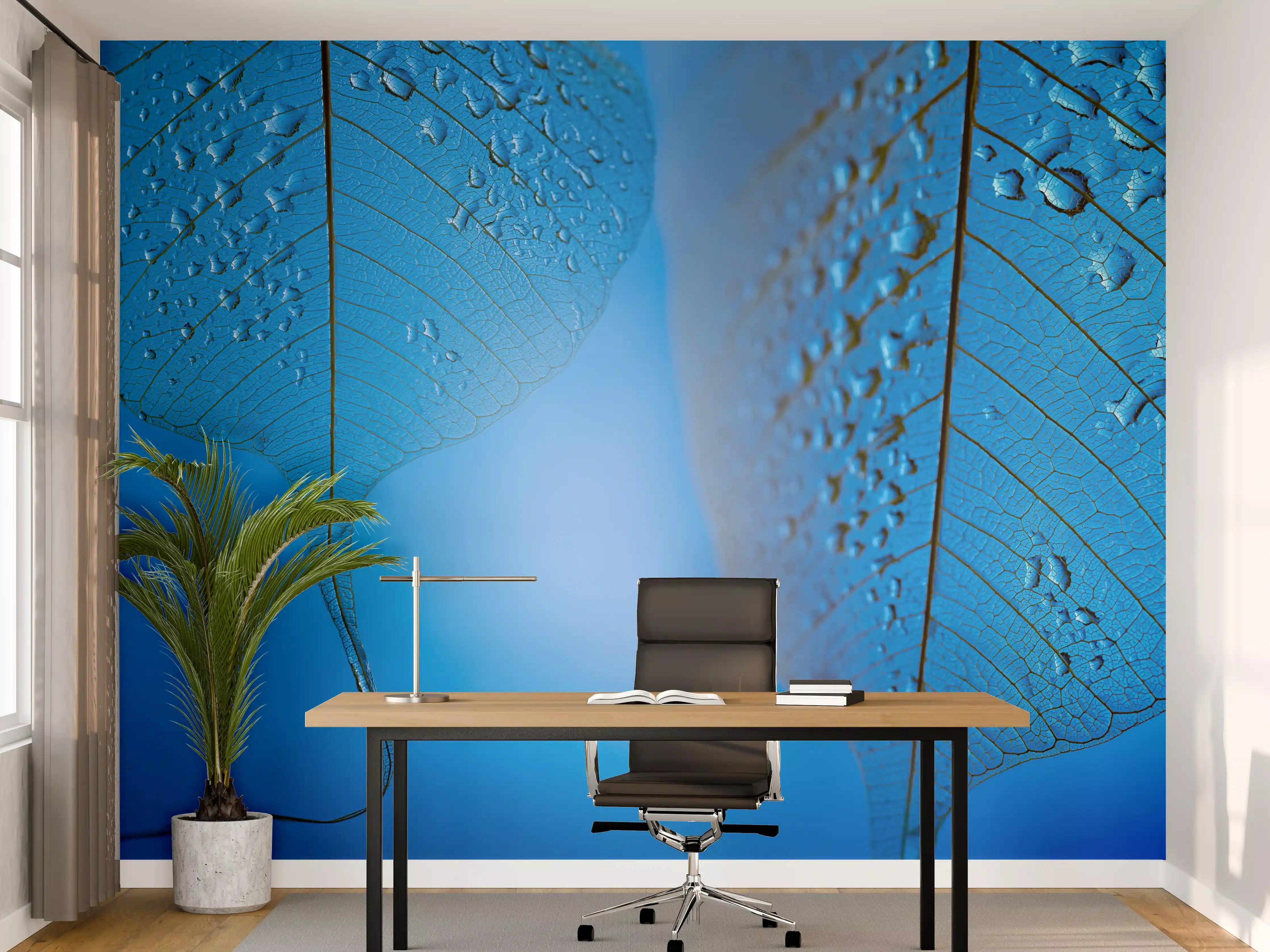 Büro Wandgestaltung - Blaues Tautropfen Blatt Makro