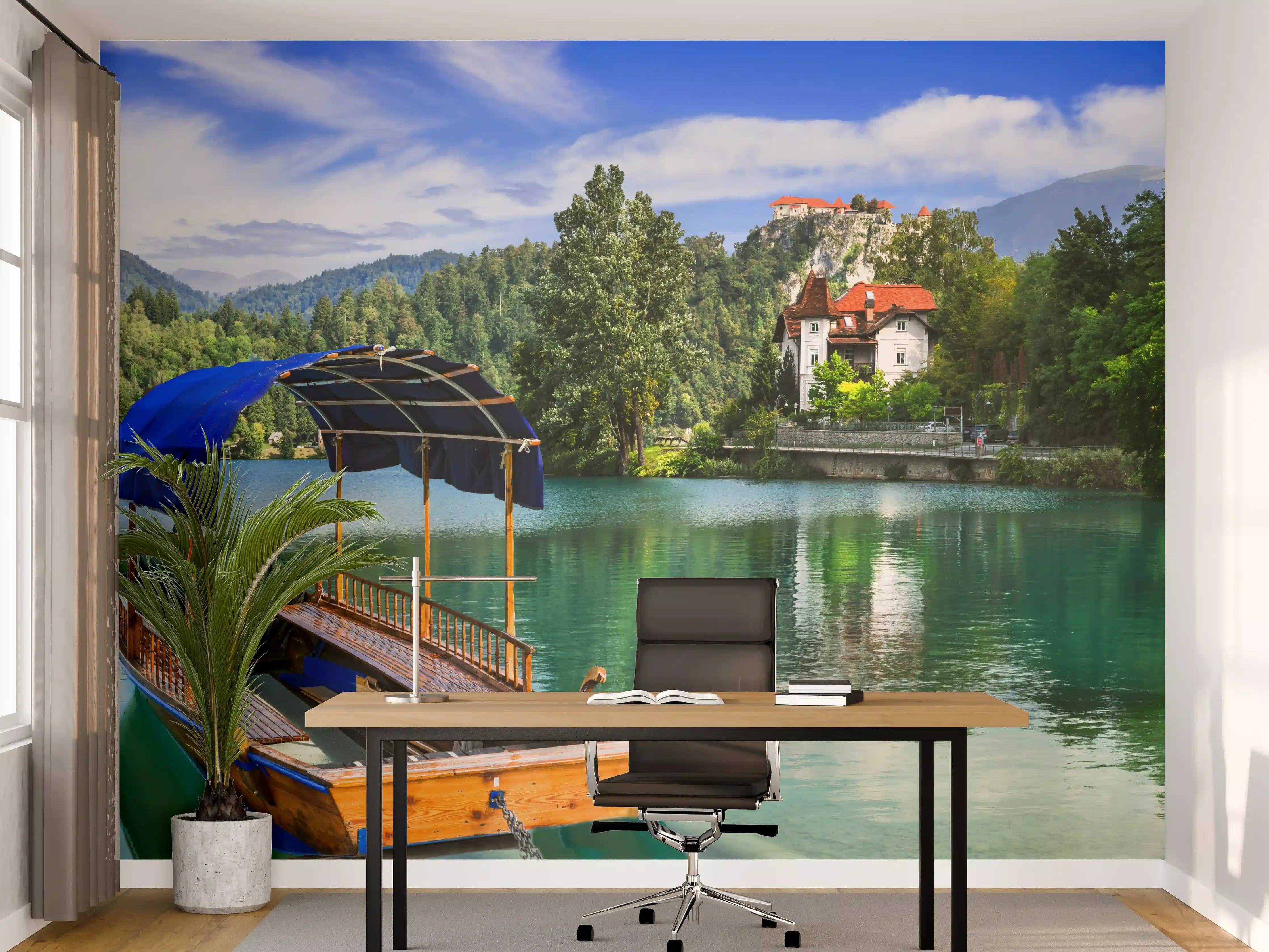 Büro Wandgestaltung - Bled See mit Holzboot