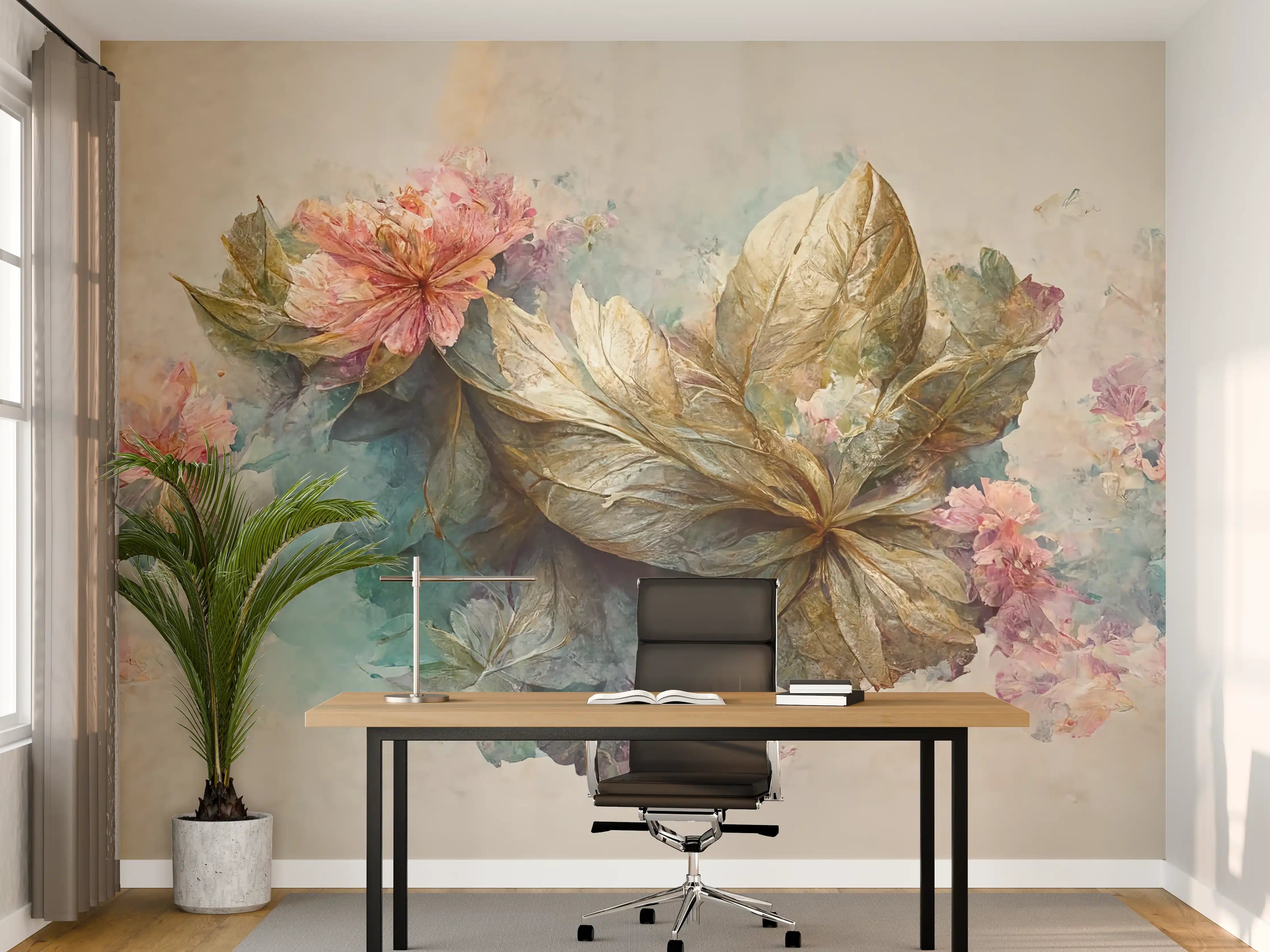 Büro Wandgestaltung - Blühende Blumen mit Goldakzenten