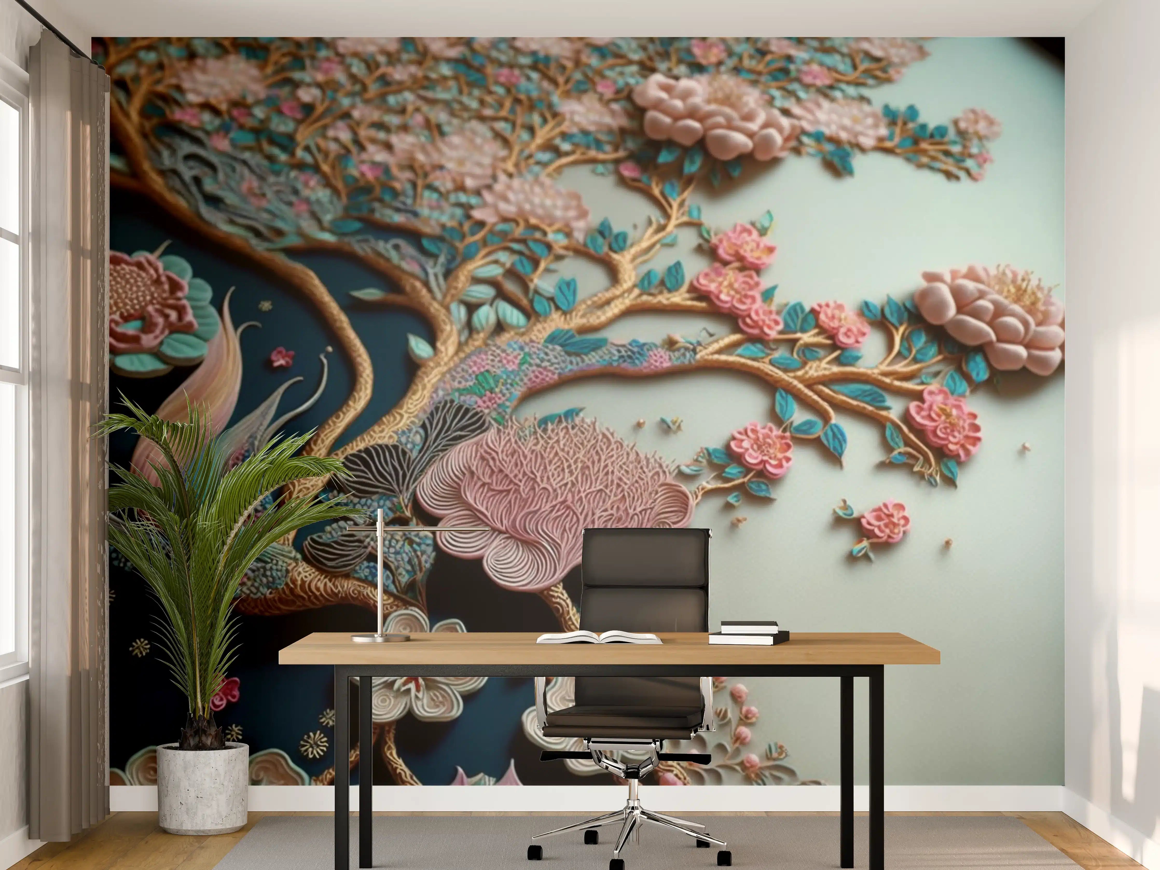 Büro Wandgestaltung - Blühender Baum mit bunten Blüten und Laubboden