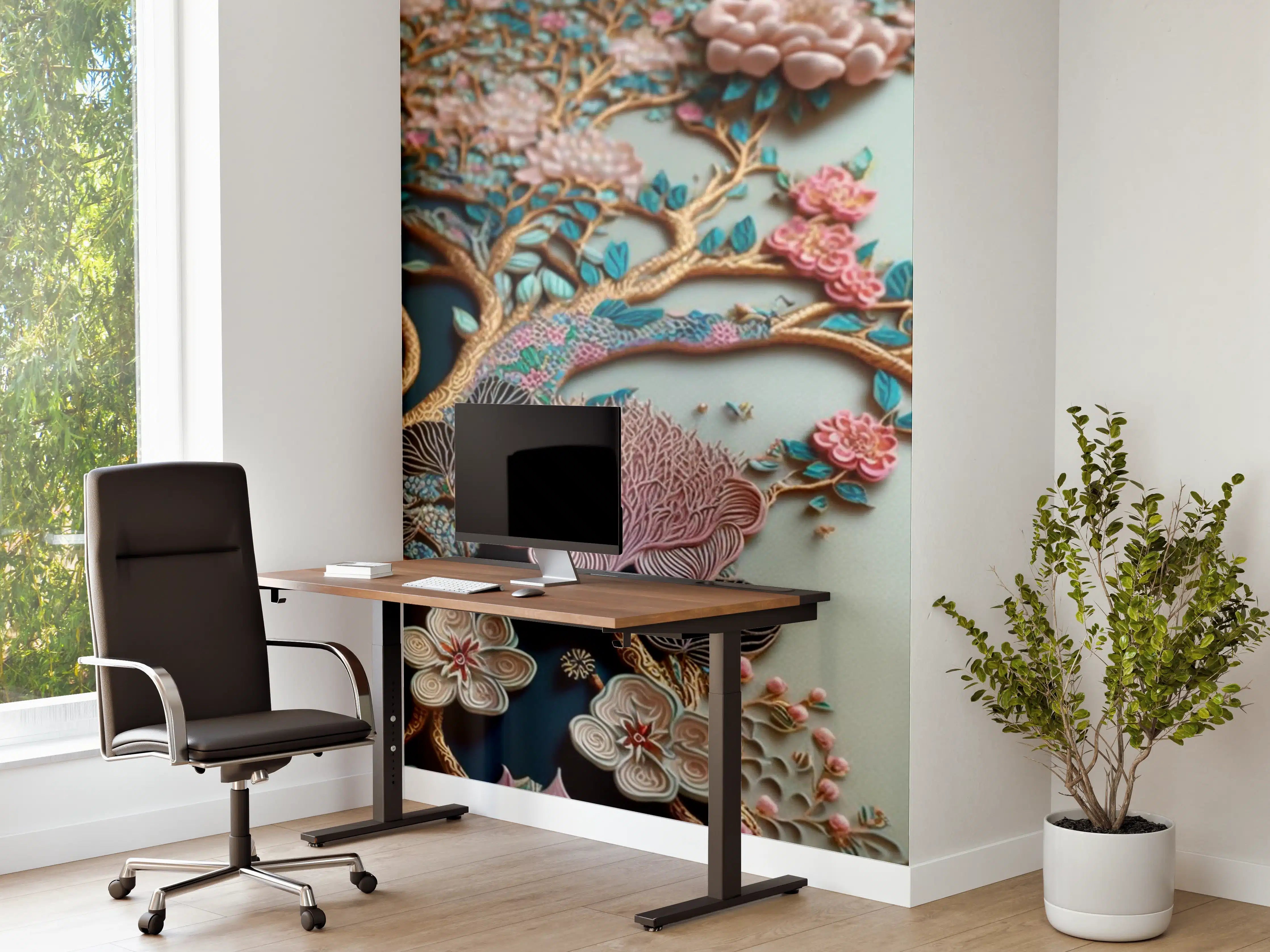 Büro Wandgestaltung - Blühender Baum mit bunten Blüten und Laubboden