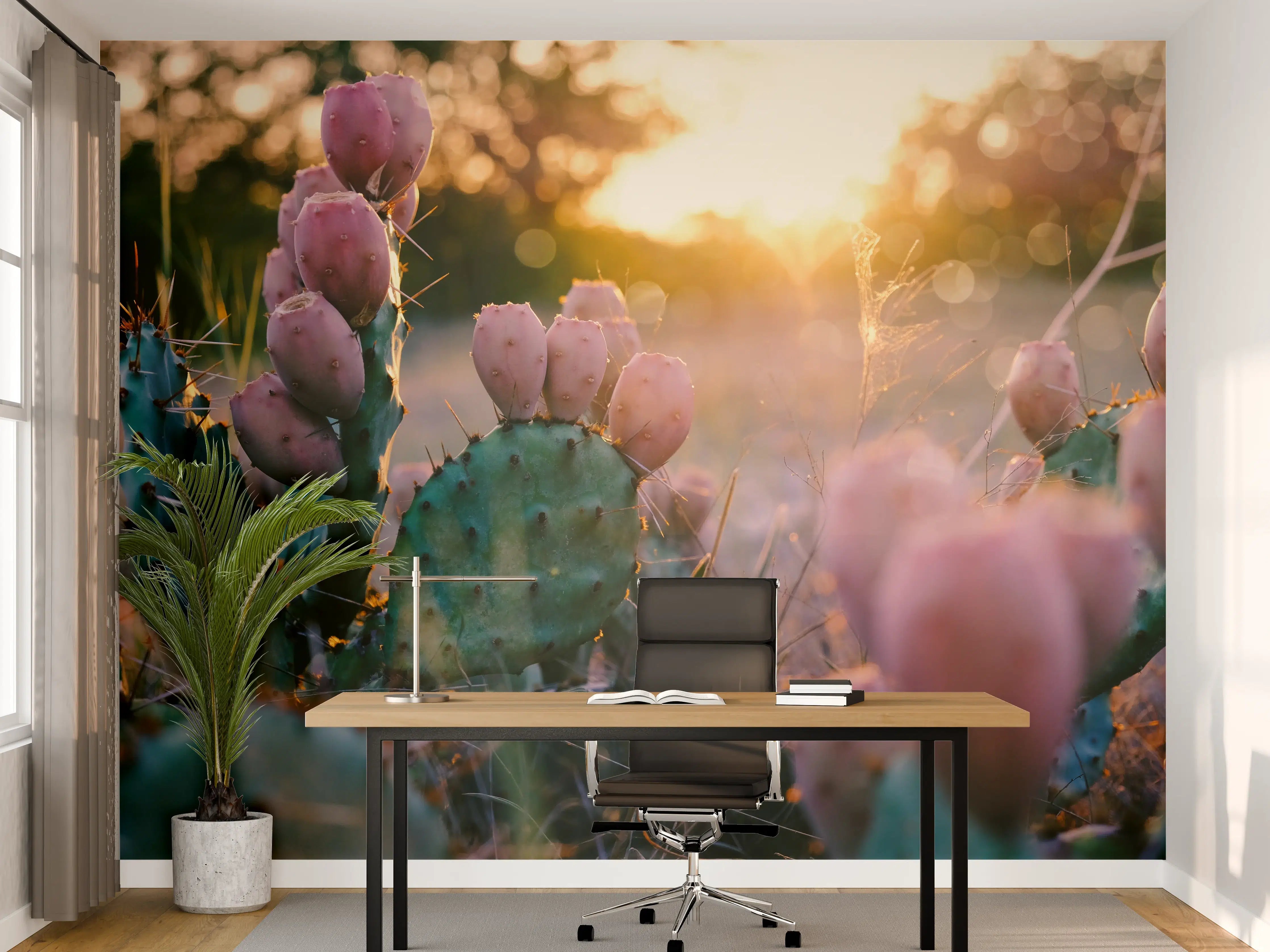 Büro Wandgestaltung - Blühender Kaktus bei Sonnenuntergang 