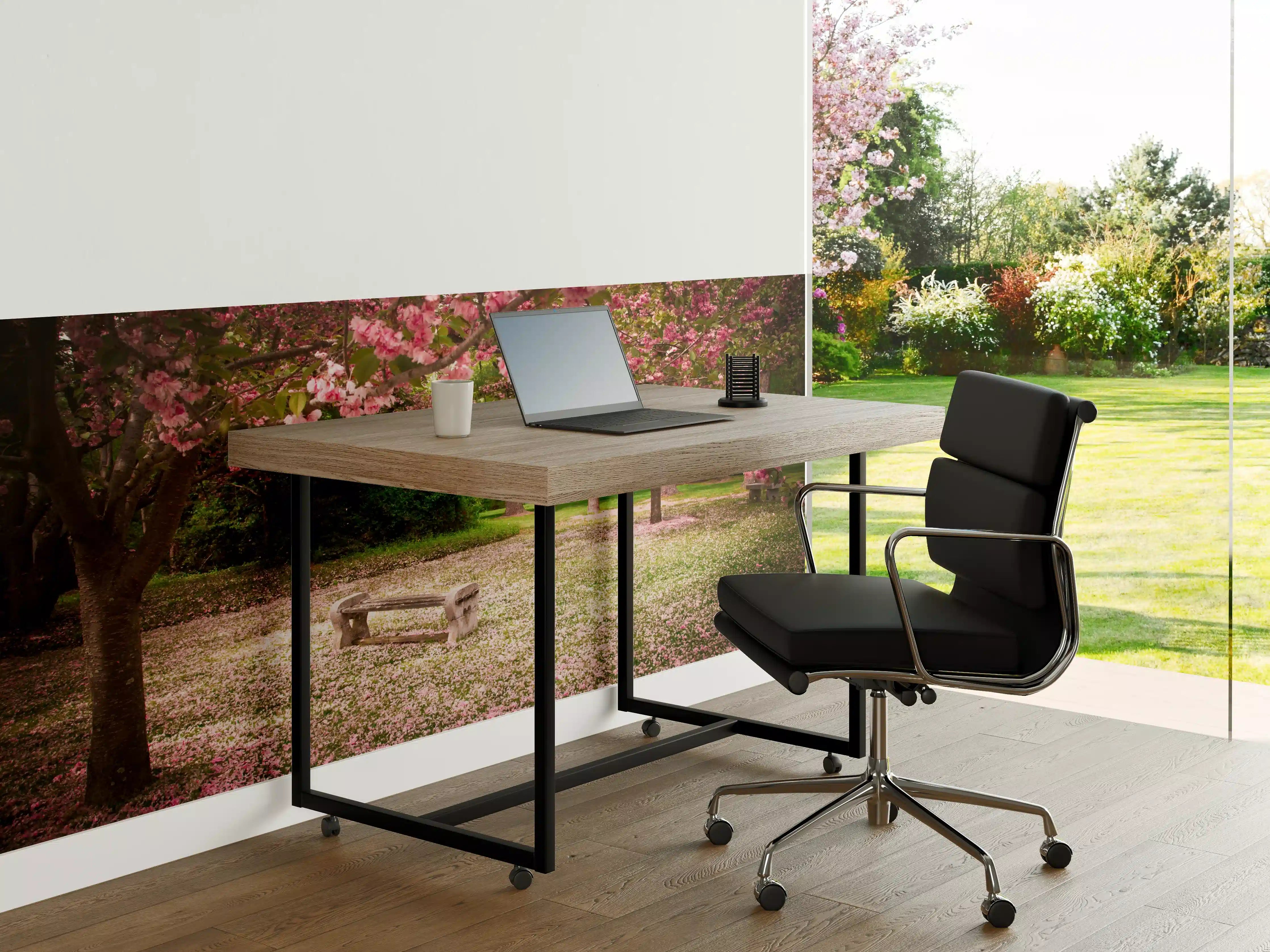 Büro Wandgestaltung - Blühender Park mit rosa Kirschblüten und Holzbank